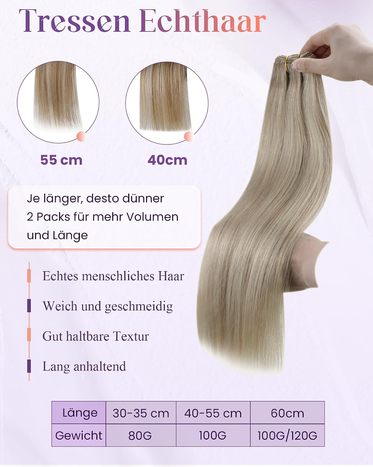 Detalle 2 de LaaVoo Echthaar Tressen zum Einnähen Blond – Goldblond Highlight, 50 cm, 100 g, Remy Haar