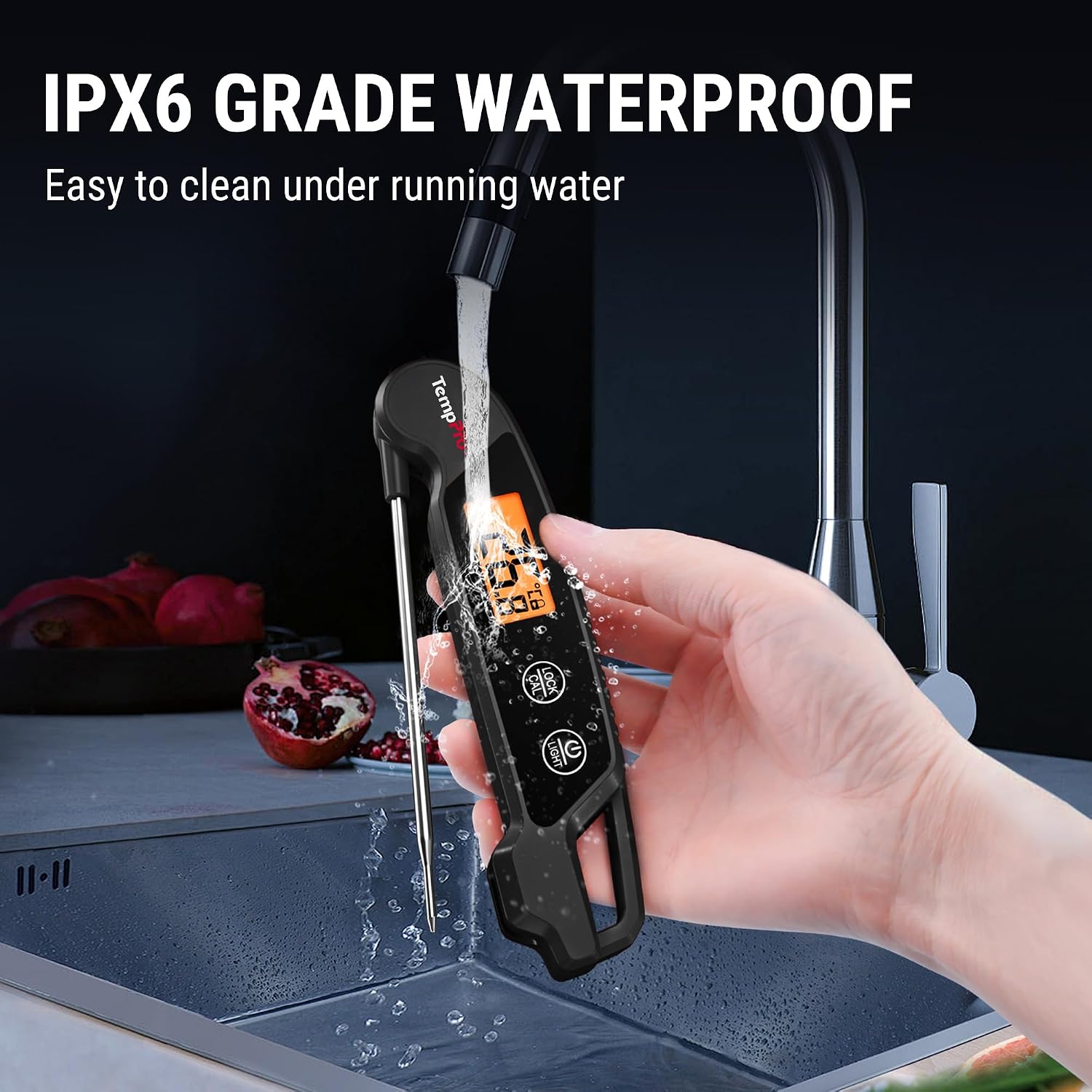 Detalle de ThermoPro TP603B digitales Fleischthermometer für Grill & Küche mit faltbarer Sonde, wasserdicht (IPX6)