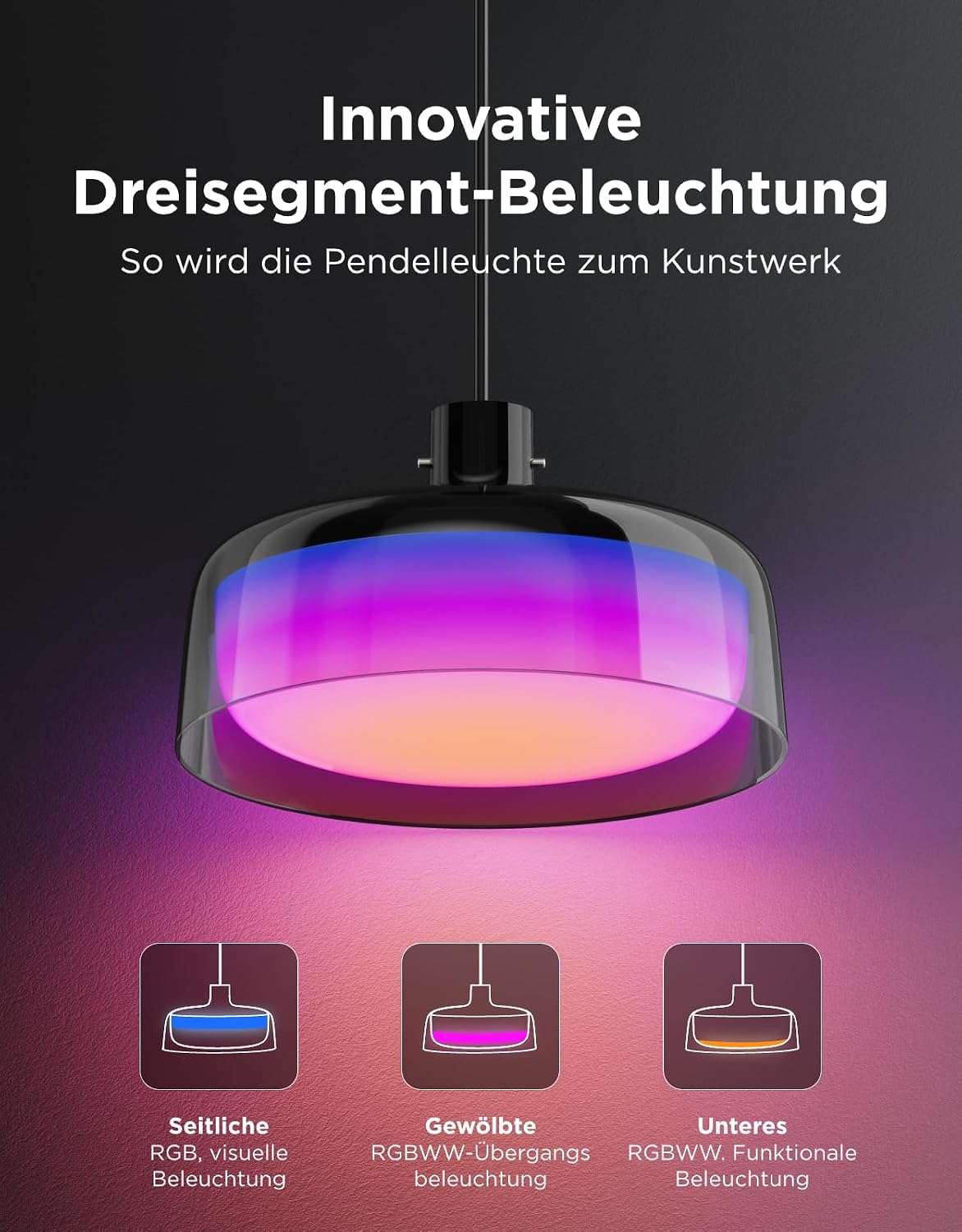 Detalle de Govee Pendelleuchte mit Smart RGBIC, Weißlicht und Matter – Segmentierungskontrolle für den Esstisch