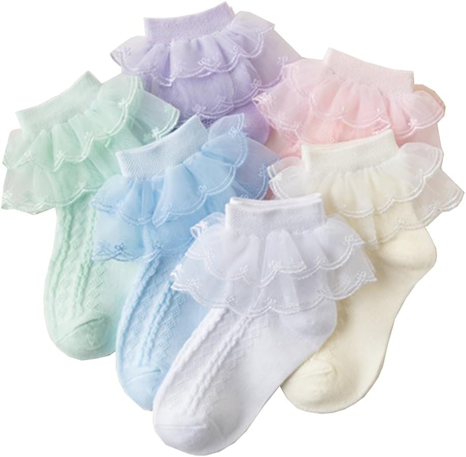 Detalle de HXQLXGT 6 Pairs Baby Girls Frilly Lace Socks – Soft Cotton & Spandex, 1-9T