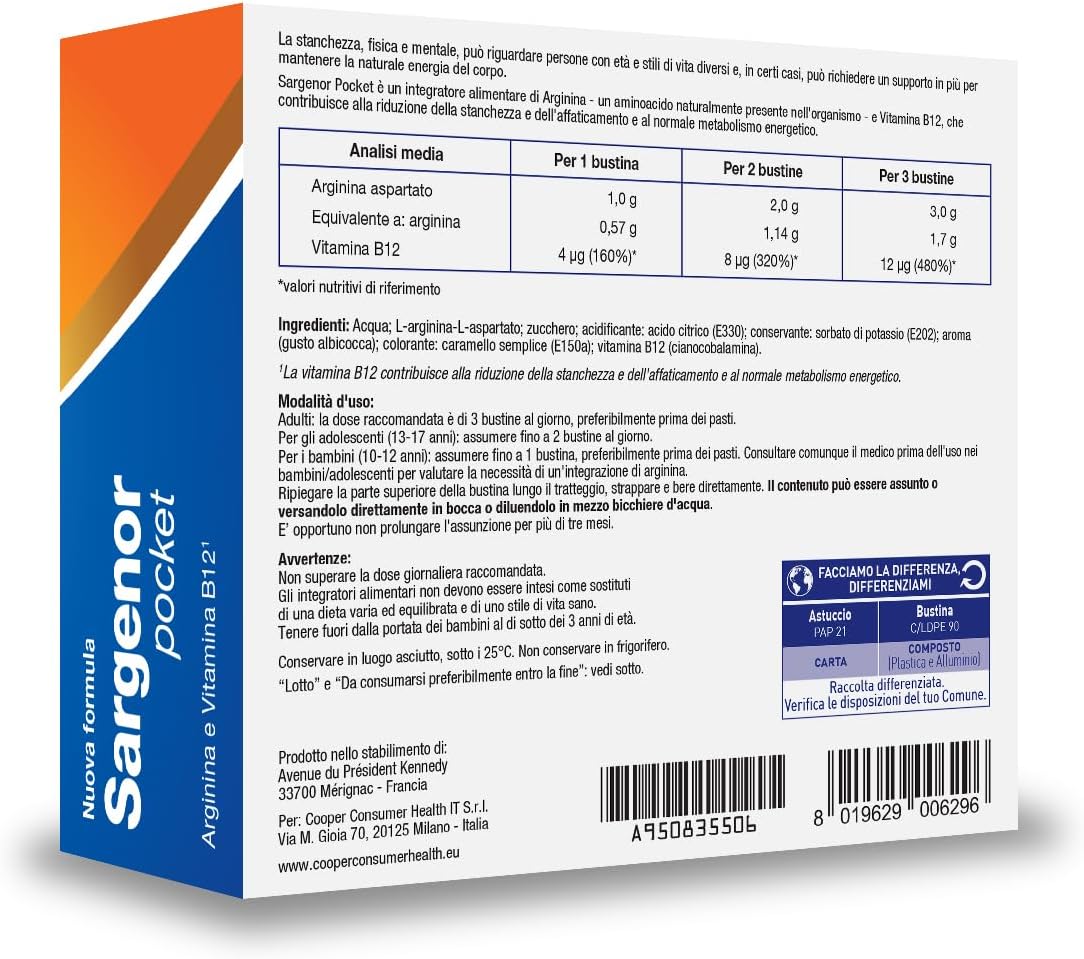 Detalle de Sargenor Pocket: integratore liquido in bustine monodose a base di arginina e Vitamina B12
