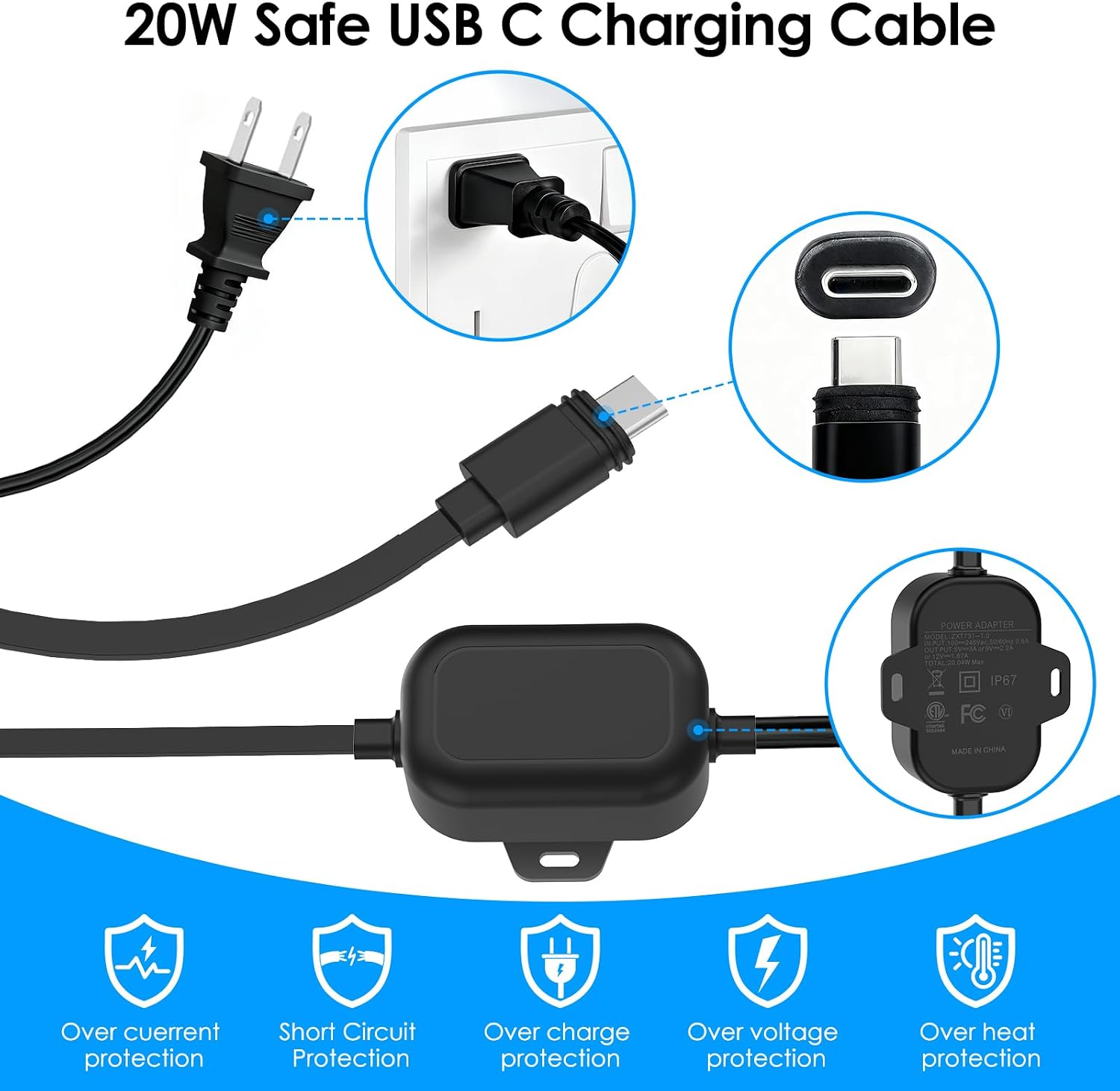 Detalle de Annkoifu USB-C屋外充電ケーブル 6m フラット形状・耐候設計 Ringカメラ対応