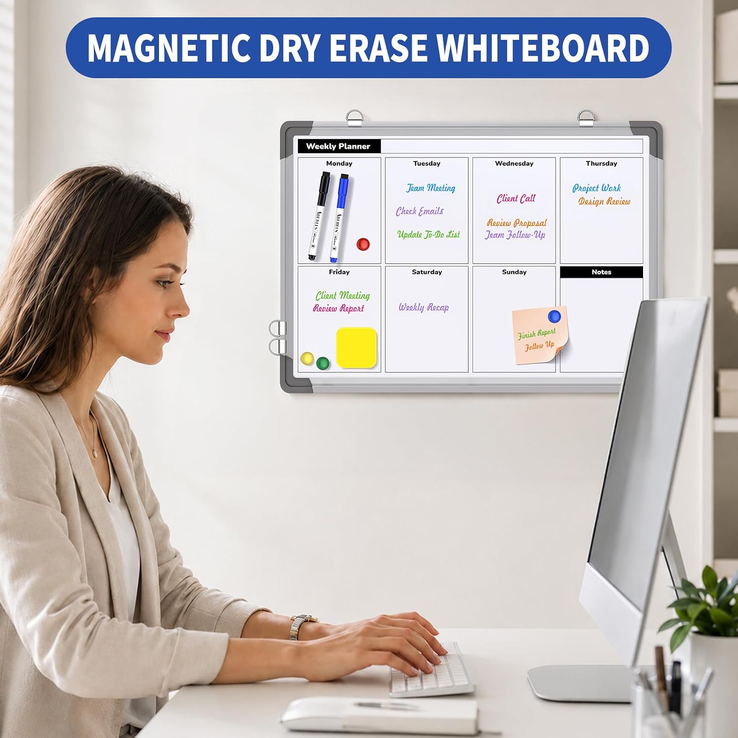 Detalle de ABERLLS Weekly Calendar Whiteboard, Double-Sided 16" x 12" Magnetic Dry-Erase Board