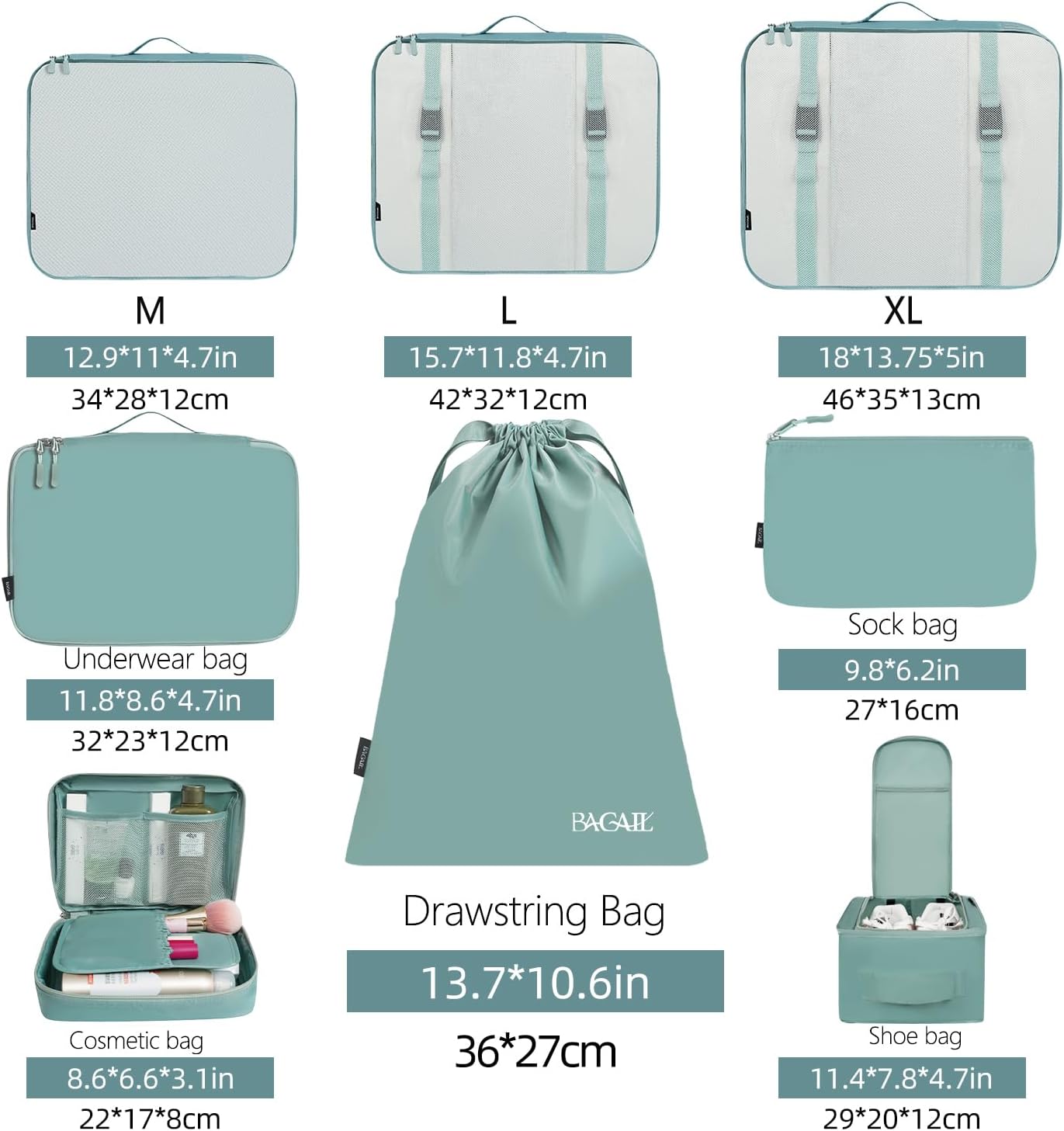 Detalle 2 de BAGAIL Packwürfel-Set 8-teilig für Reisen