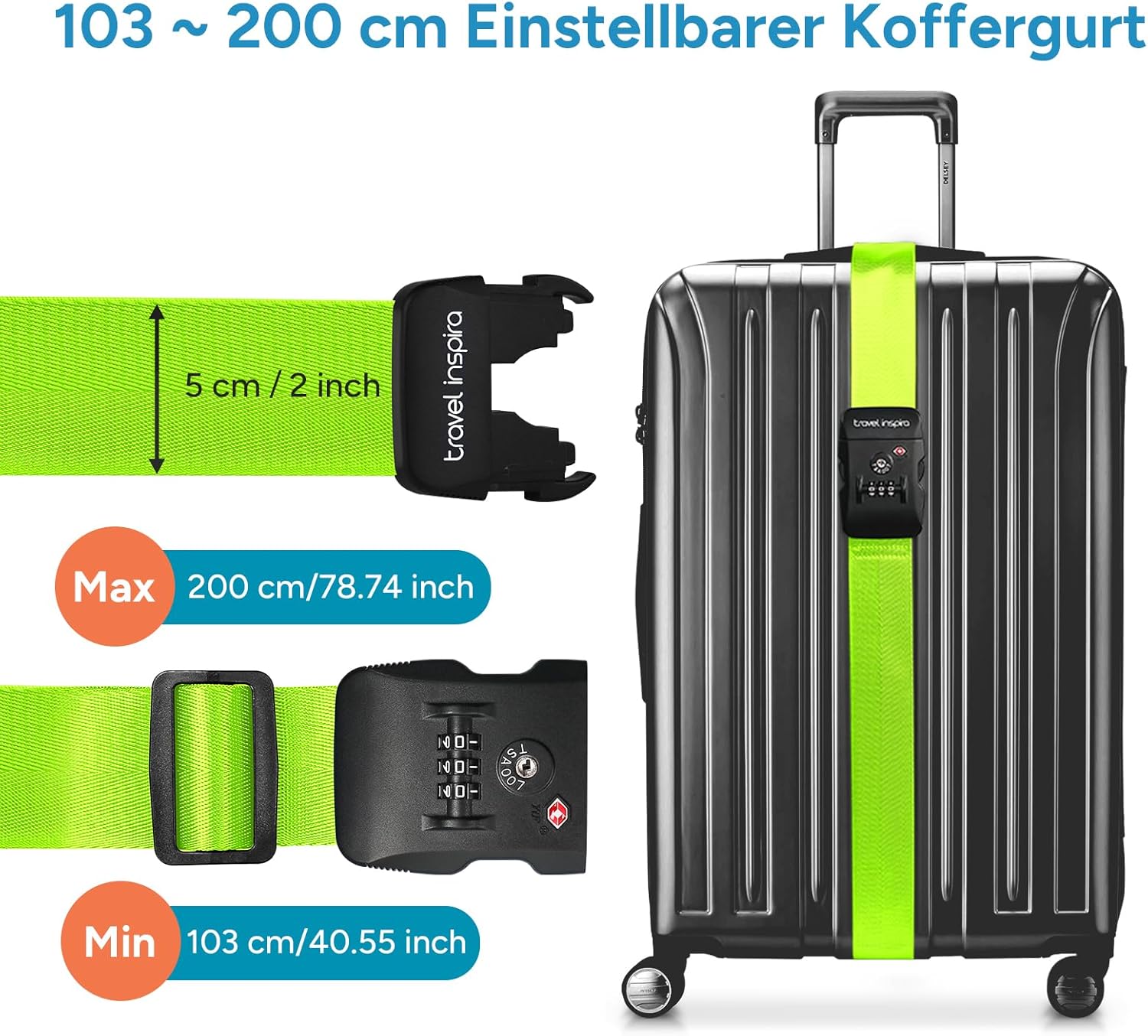 Detalle de Travel Inspira TSA-Kofferband Neon Grün – verstellbar 103–200 cm, Kofferband mit Zahlenschloss für 20–32 Zoll Koffer
