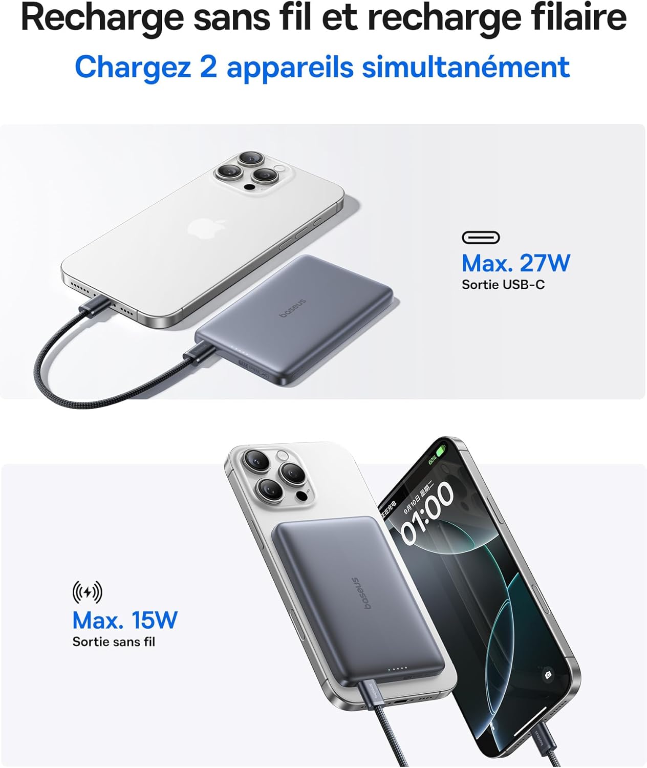 Thumbnail 4 de Baseus Picogo Powerbank 10000 mAh Qi2 MagSafe ultra-fin magnétique 15 W (gris)
