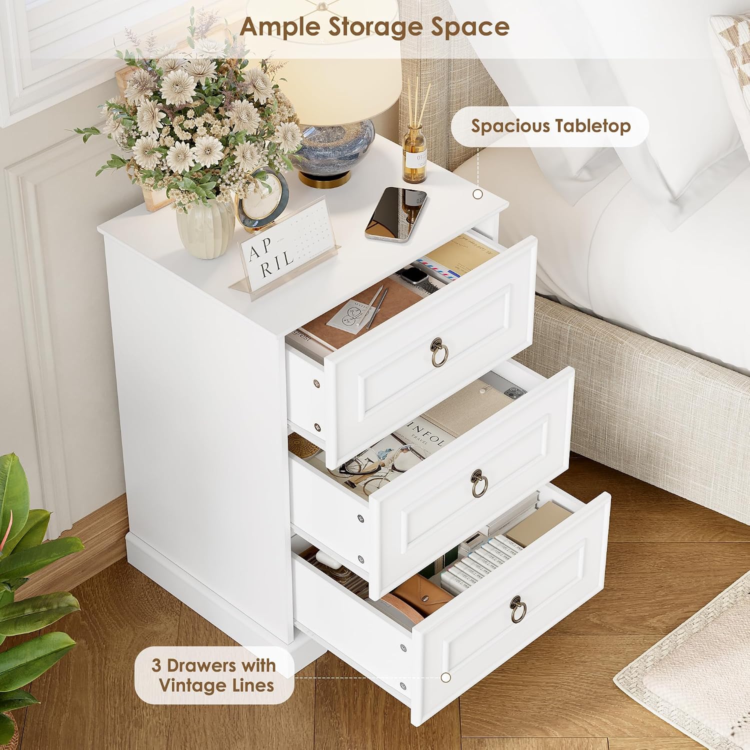 Thumbnail 6 de FOREHILL M312 White Bedside Table with 3 Drawers and Raised Base