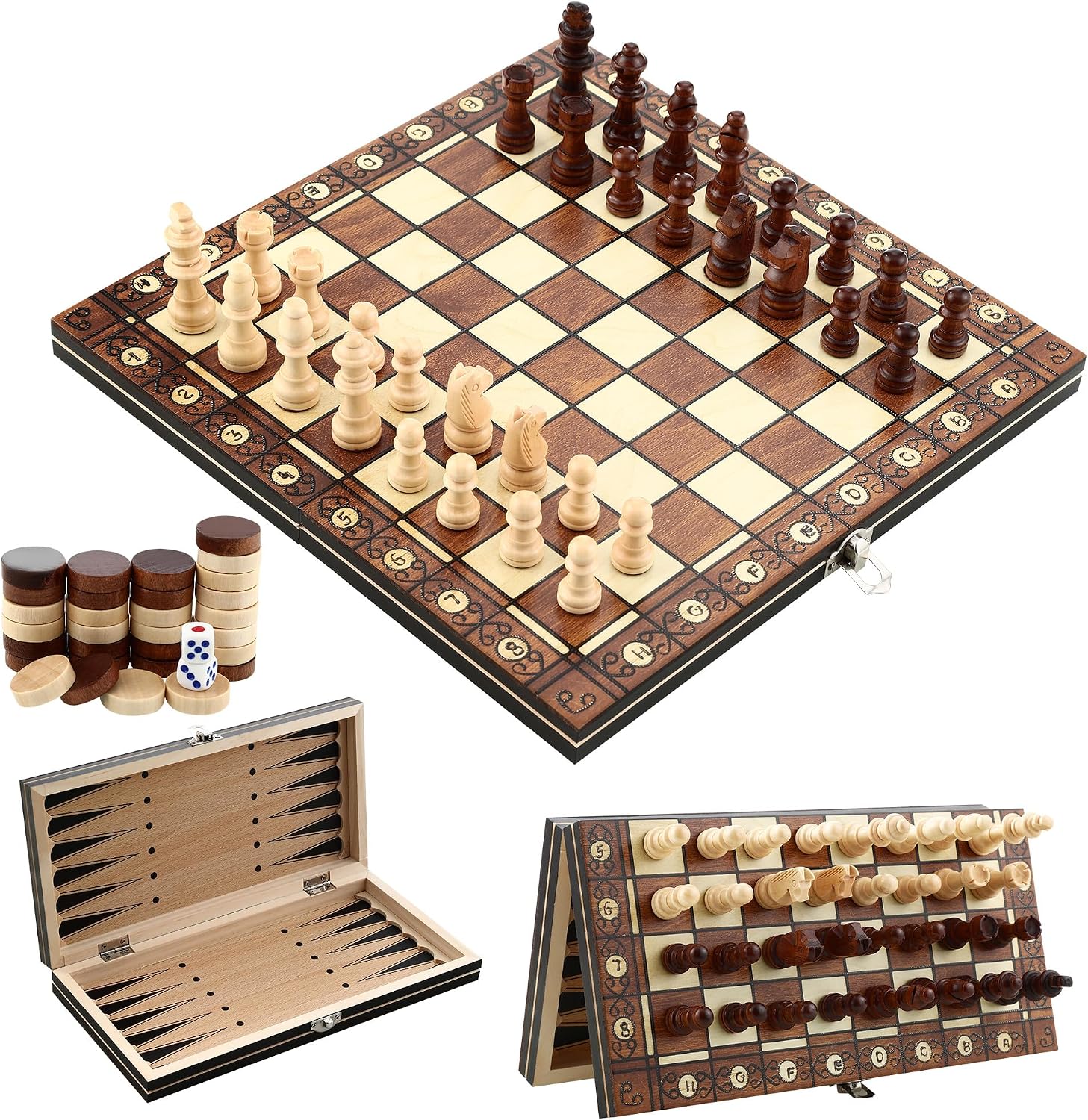 Detalle de Scacchiera magnetica pieghevole in legno 3 in 1 (29x29 cm) per scacchi, dama e backgammon