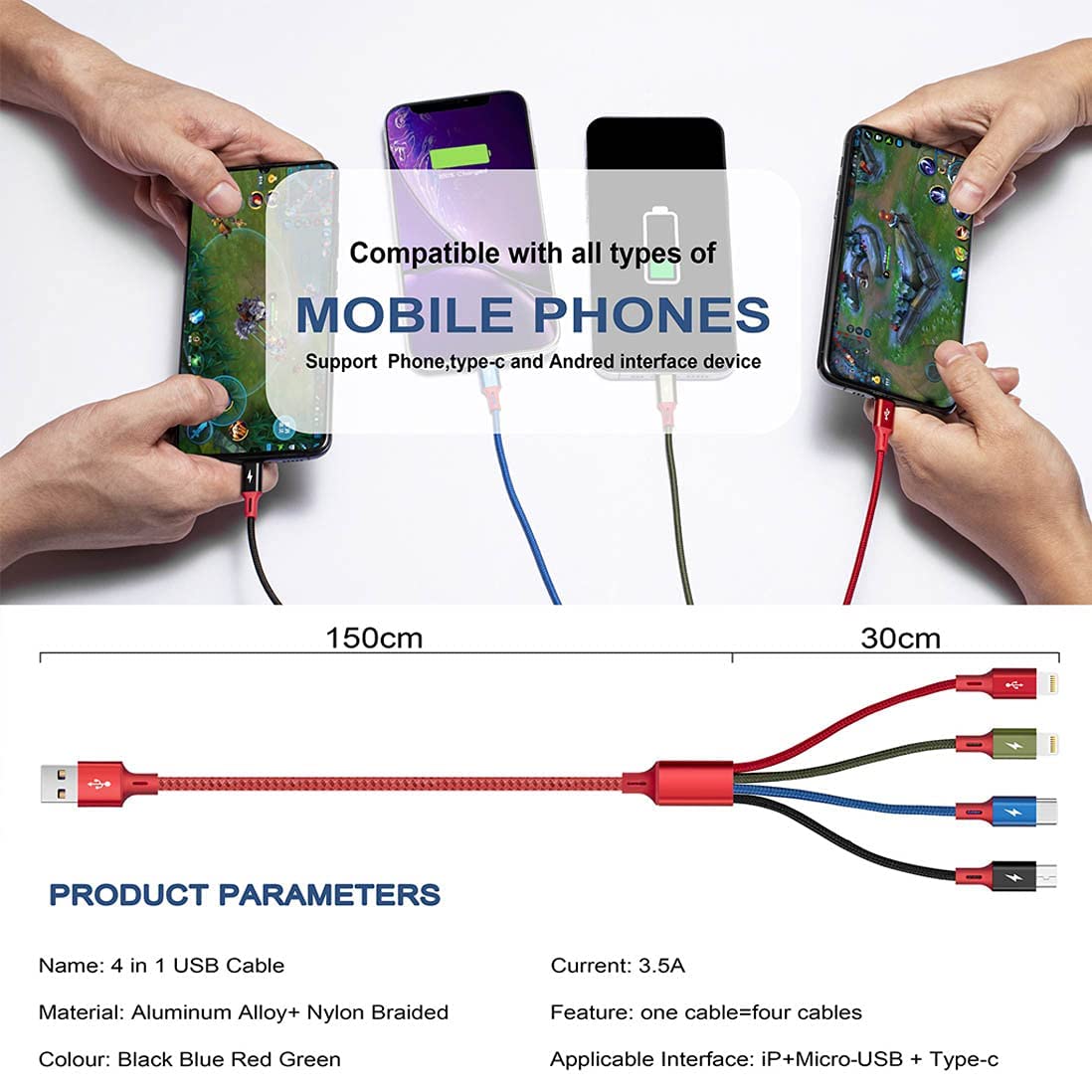 Detalle 2 de Multi Charger Cable 4 in 1 Nylon Braided 1.8m