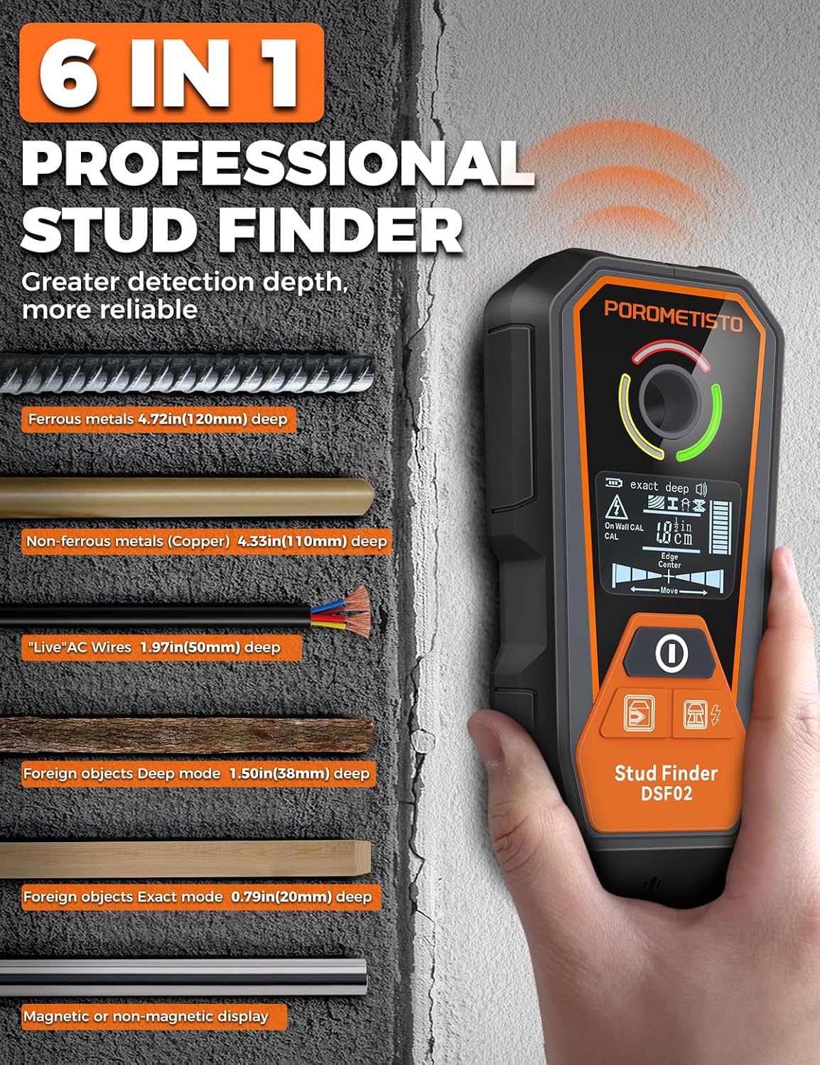Detalle 2 de POROMETISTO DSF02 6-in-1 wandscanner met LCD en kabeldetectie