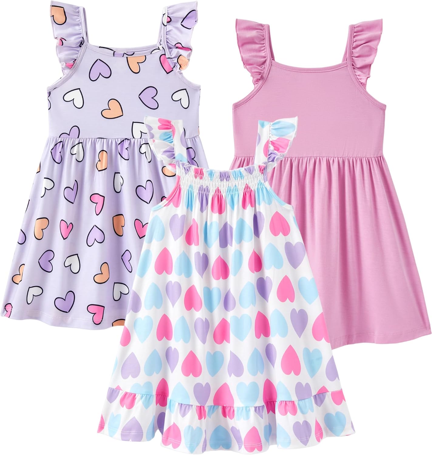 Detalle de PATPAT Multipack Girl Toddler Dresses (Heart Prints, Flamingo Stripes, Sleeveless)