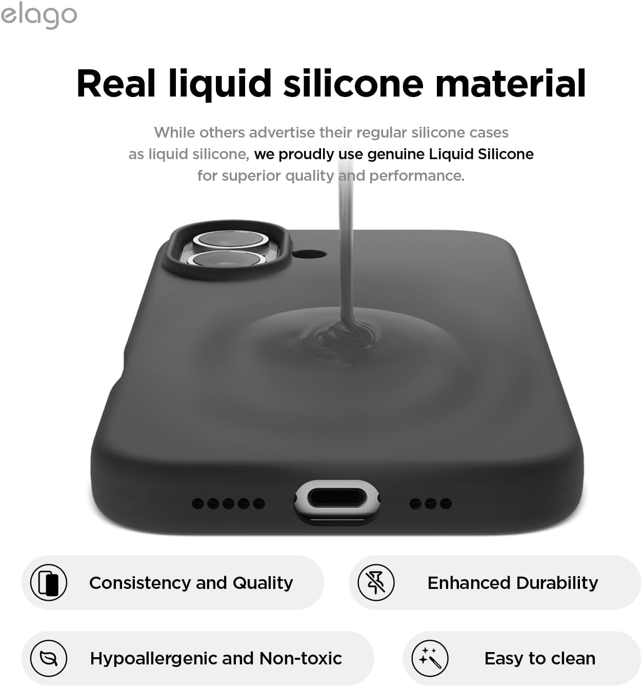 Detalle de elago Coque Silicone Liquide Premium pour iPhone 16 – Étui intégral antichoc noir avec doublure microfibre anti-rayures
