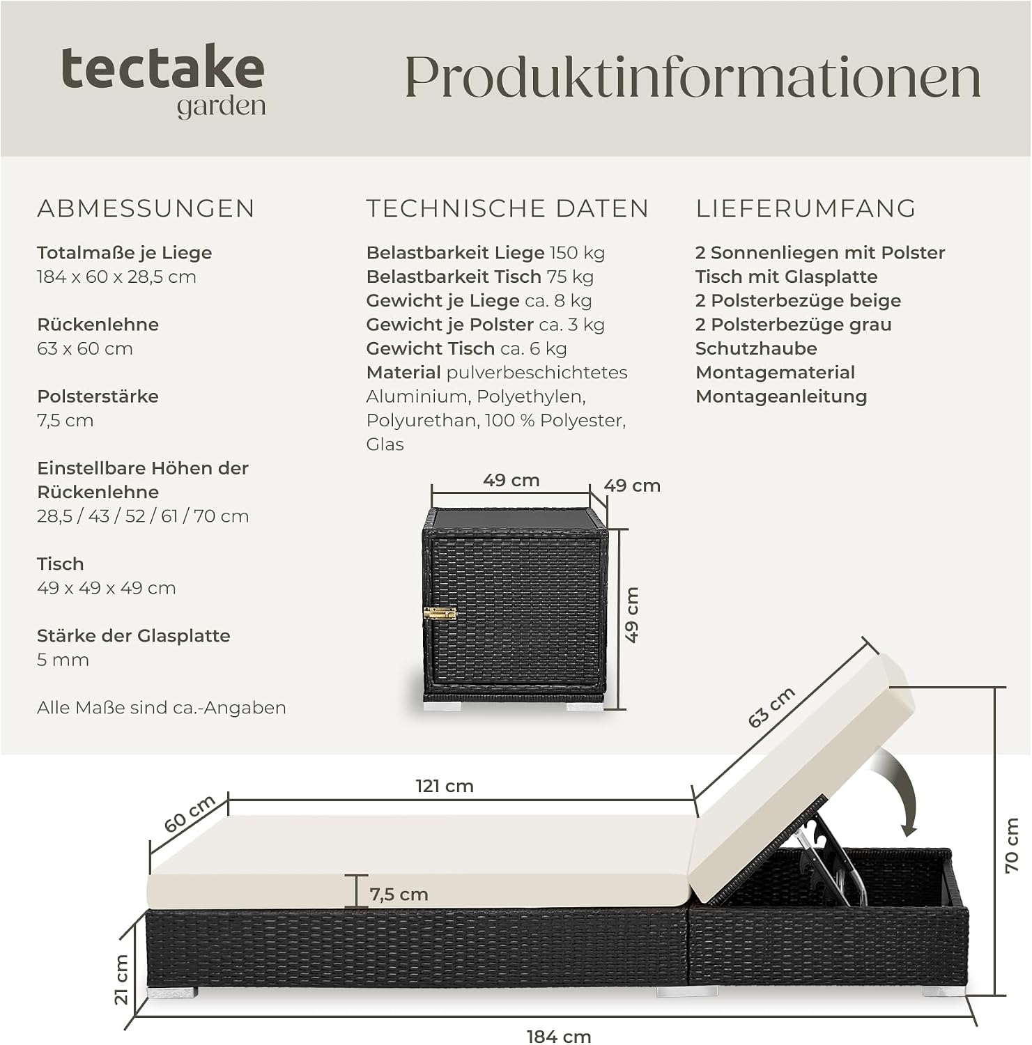 Thumbnail 6 de tectake® 2er Garten Lounge Sonnenliegen-Set mit Tisch – Aluminium & Outdoor Poly Rattan, inkl. 2 Bezugsets und Schutzhülle