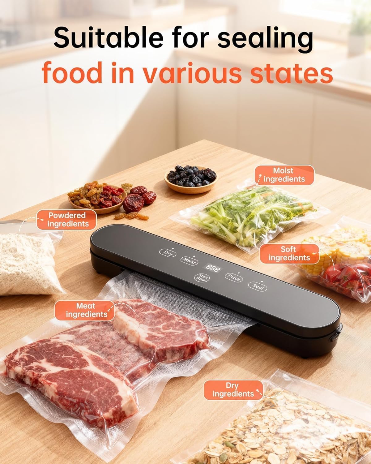 Thumbnail 5 de 75kPa Vacuum Sealer Machine: Compact 4-in-1 Food Sealer with Digital Timer