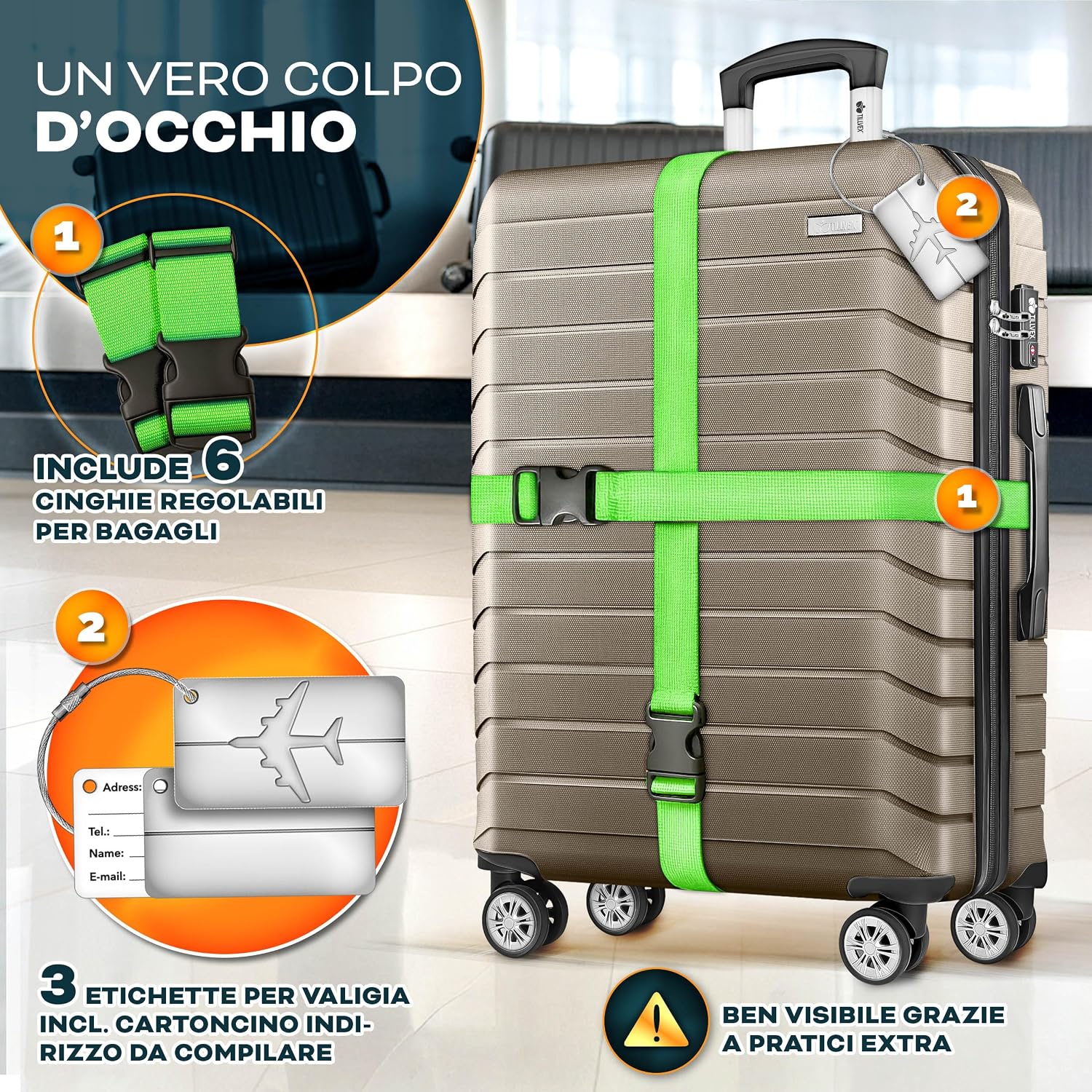 Detalle 2 de tillvex Set di 3 valigie da viaggio con bilancia, cinture e etichette | Trolley TSA in ABS dorato