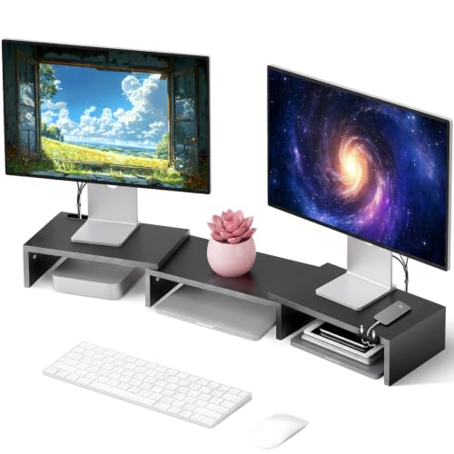 Detalle de Yirilan Adjustable Dual Monitor Riser with Phone Holder and Cable Management