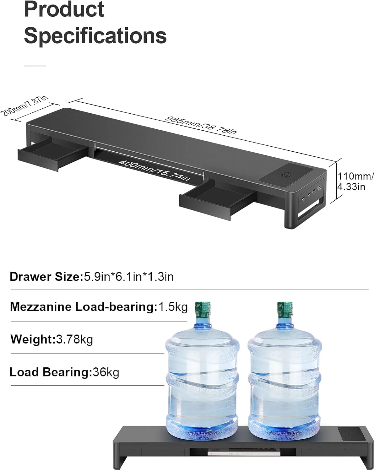 Detalle 2 de meatanty Dual Monitor Stand Riser, 38.7-Inch Metal Desk Organizer with Drawers and USB Ports