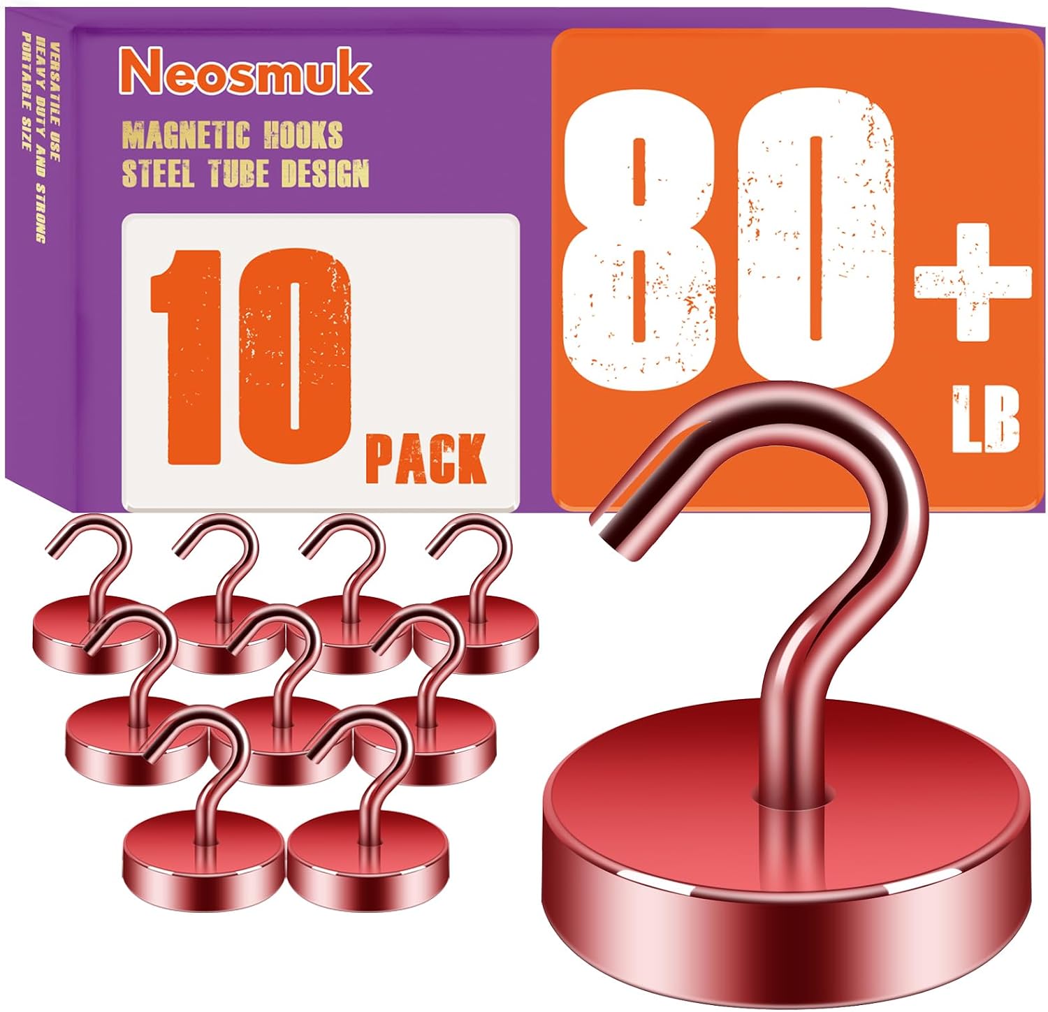 Detalle de Neosmuk NPM26x10Red20240918 Magnetic Hooks, Red Steel, 10-Pack