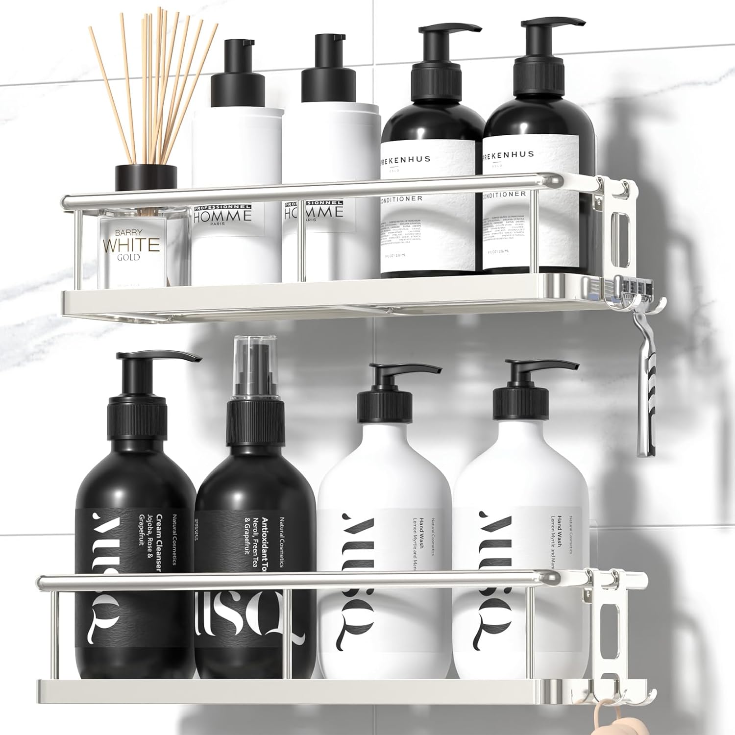Detalle de YASONIC Shower Caddy (2-Pack) – Rustproof Wall-Mounted Shower Shelves with Removable Hooks