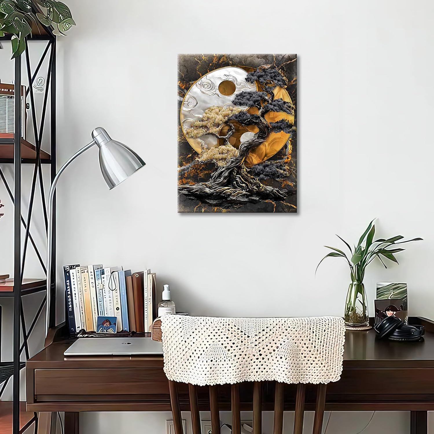 Detalle 2 de HALFLEMART Yin-Yang-Baum Leinwandbilder mit Rahmen 30x40 cm – Schwarz/Braun/Silber, zum Aufhängen