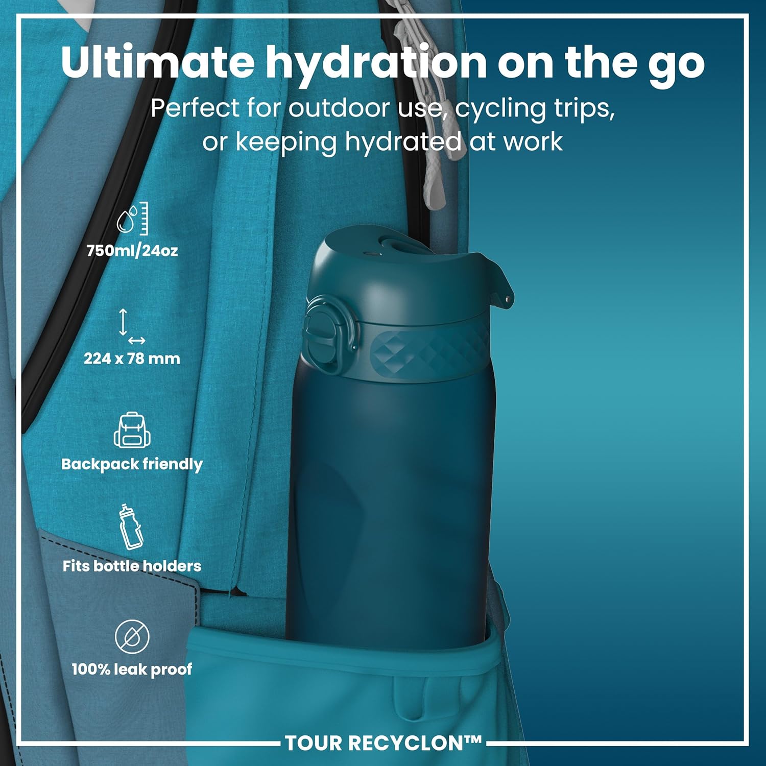 Thumbnail 1 de Ion8 750 ml Tour Recyclon Water Bottle: Leak-Proof, Easy Open, and Built for Active Lifestyles