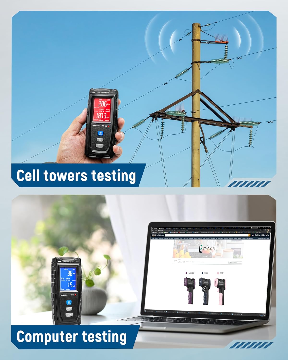 Detalle 2 de ERICKHILL EMF Meter Rechargeable Digital EMF Detector (LCD, sound-light alarm)