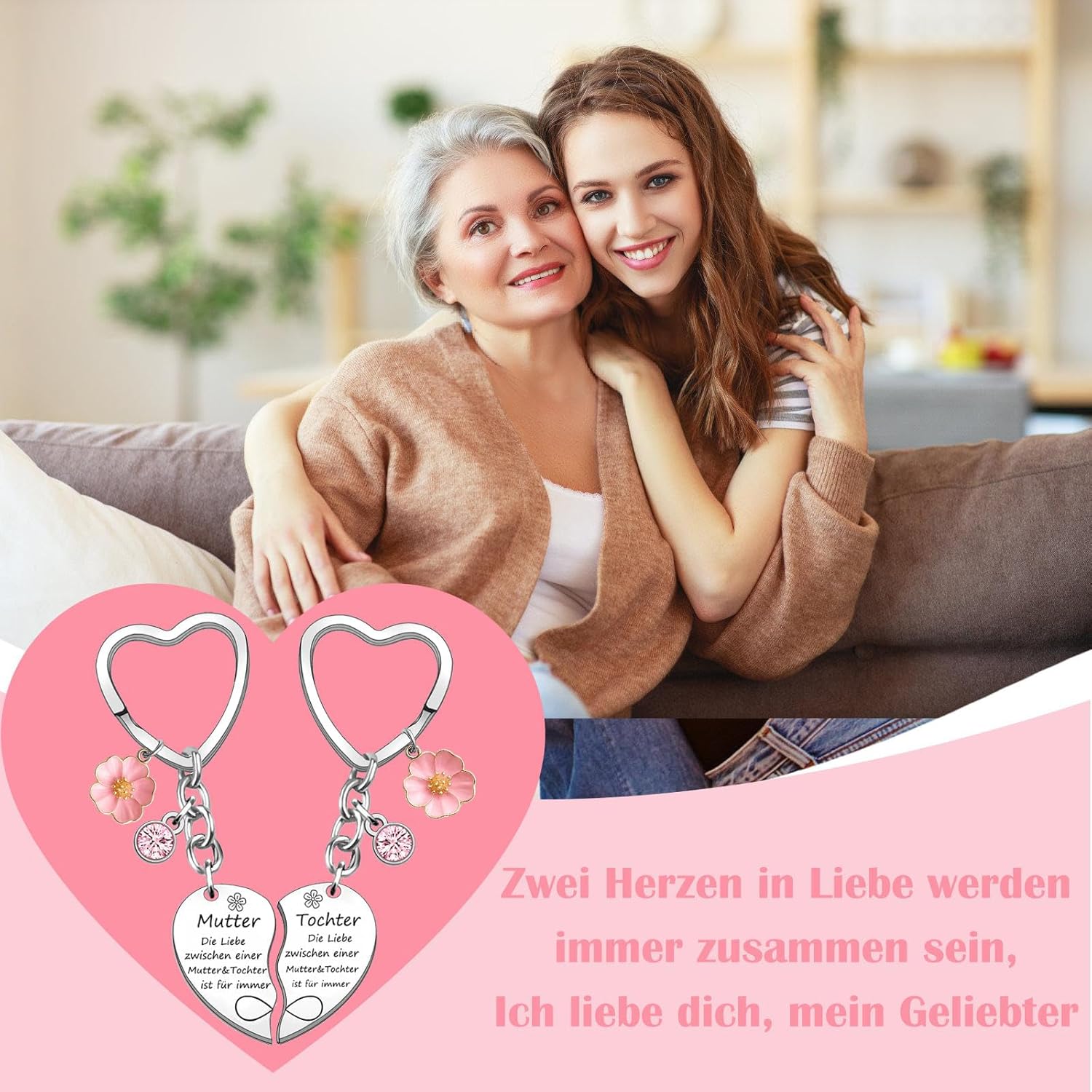 Thumbnail 2 de Johiux Mutter-Tochter Herz-Schlüsselanhänger 2er-Set – Edelstahl, Gravur: Die Liebe zwischen Einer Mutter & Tochter Ist für immer