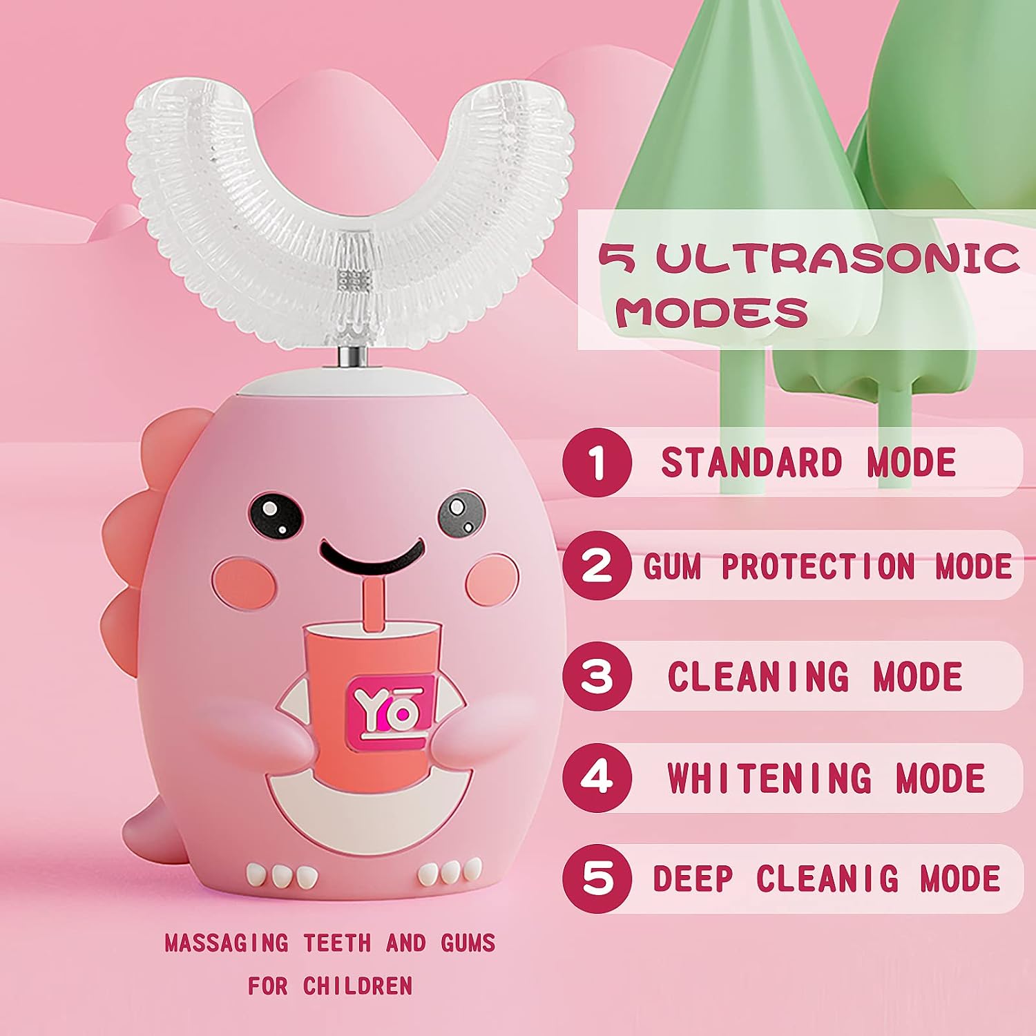 Thumbnail 1 de DYCROL Kids U Shaped Electric Toothbrush with 4 Brush Heads (Pink) for Ages 2-6