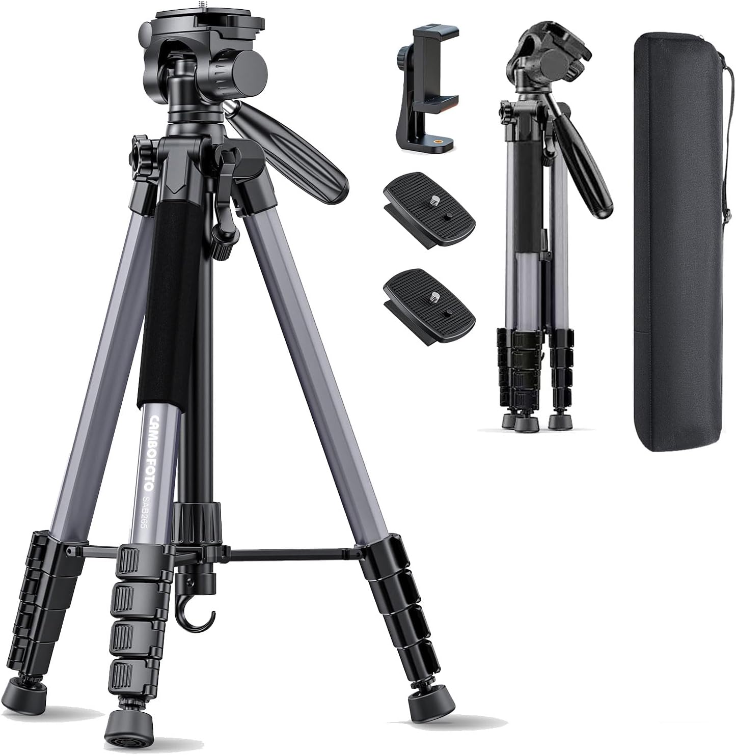 Detalle de CAMBOFOTO 74″ Aluminum Camera Tripod with 360° Pan Head & Phone Mount