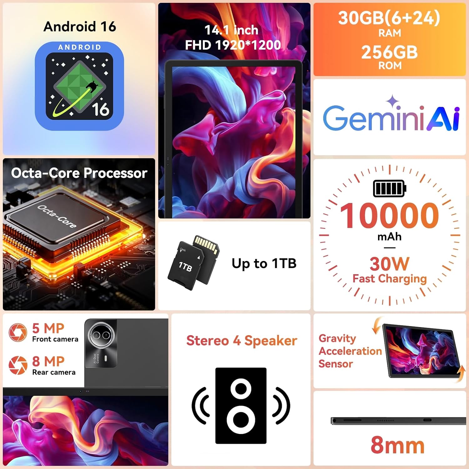 Detalle 2 de URAO Tablet 14-inch Android 15 tablet, 30GB RAM