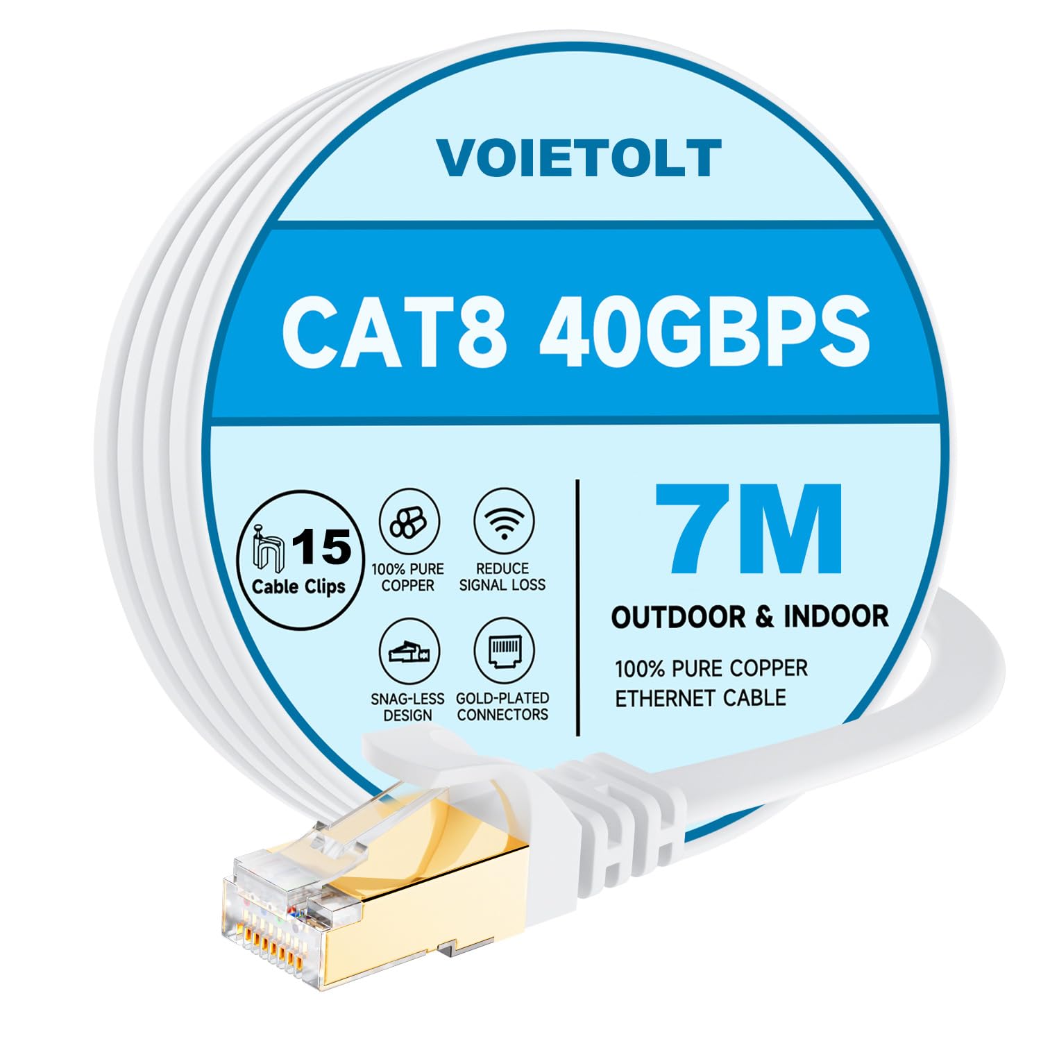 VOIETOLT Cat8 Ethernet Cable 7m (40Gbps/2000MHz) Flat STP RJ45 – White