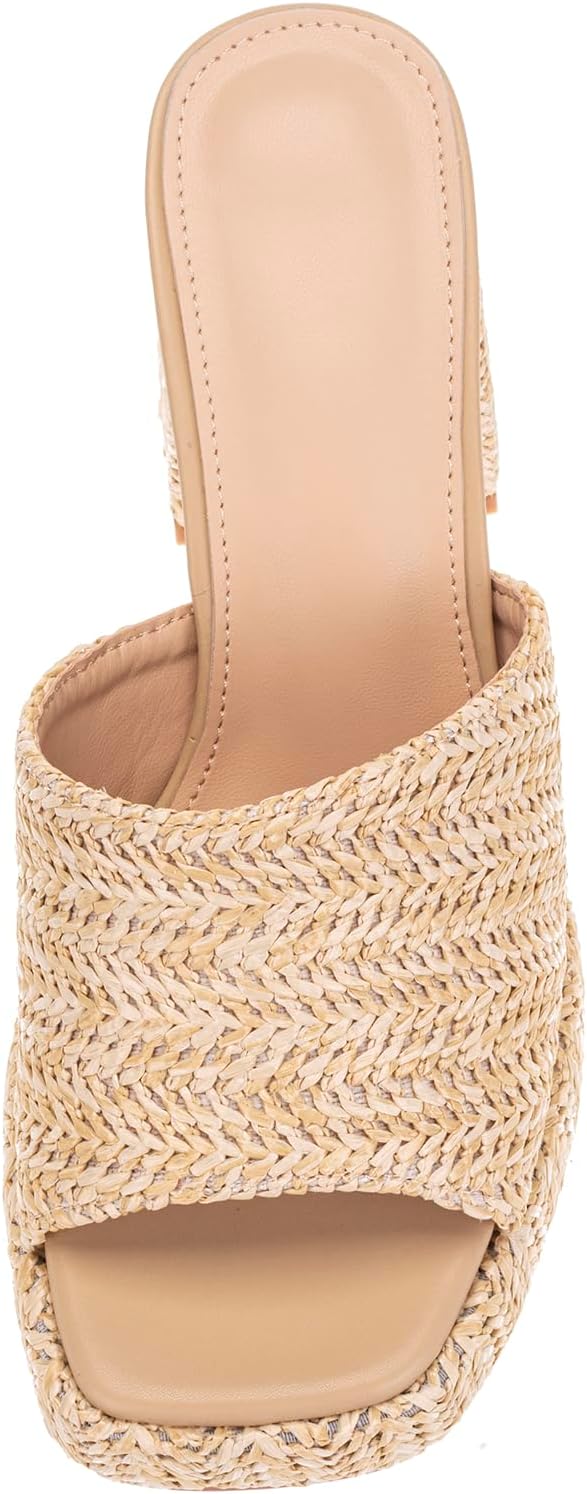 Detalle de Monrovia Raffia Heeled Sandals for Women — Platform Wedge Slip-On Open-Toe Sandals