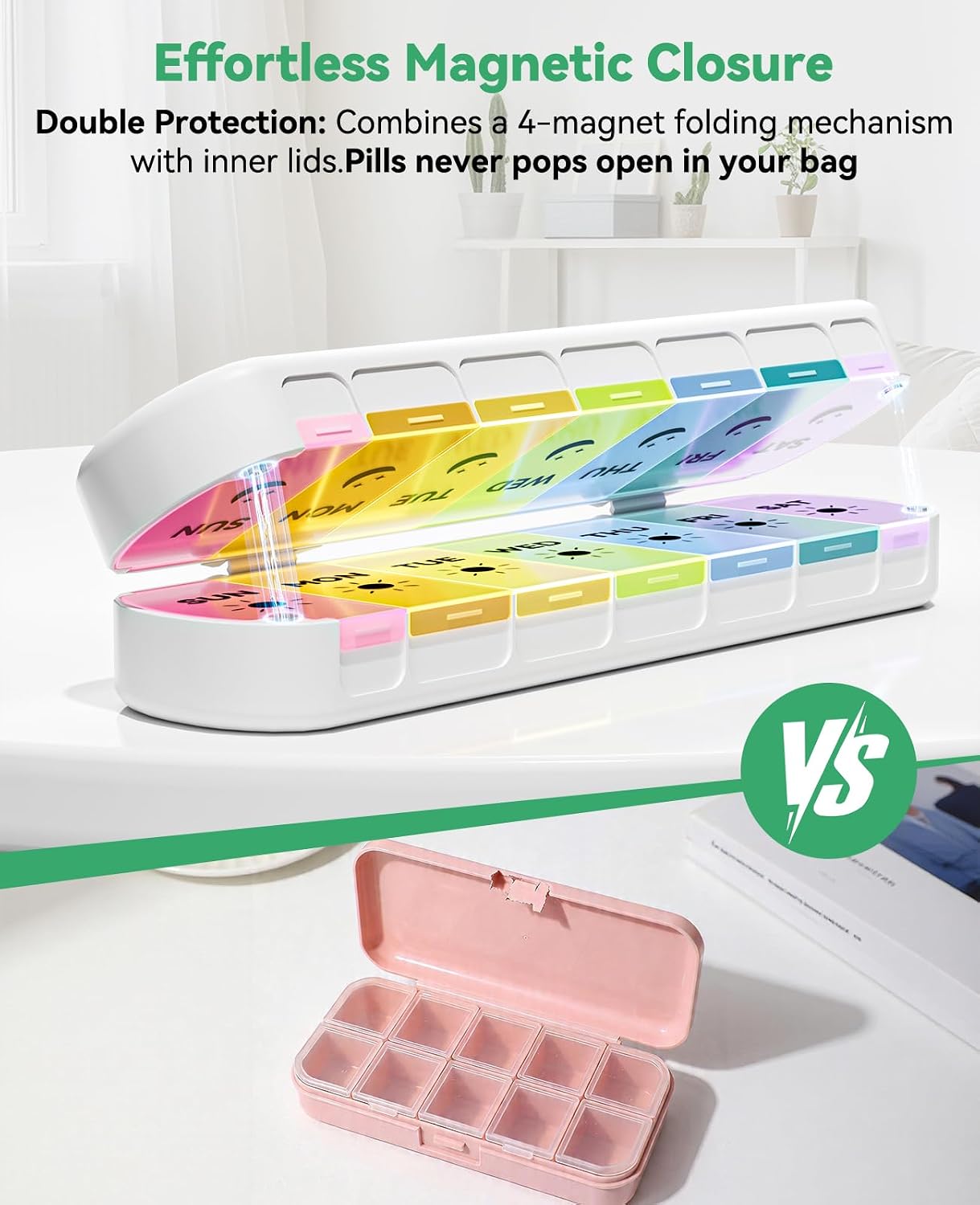 Detalle de Cotatoc EK-313 Foldable Weekly Pill Organizer, Magnetic AM/PM Box
