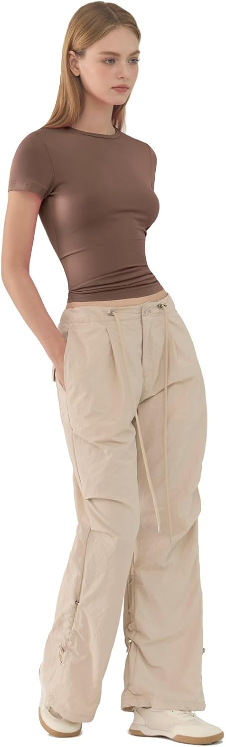 Detalle 2 de Kurzarm Damen T-Shirts Rundhals Sommer Basic Eng Y2K Tops – Einfarbig, XS–XXL