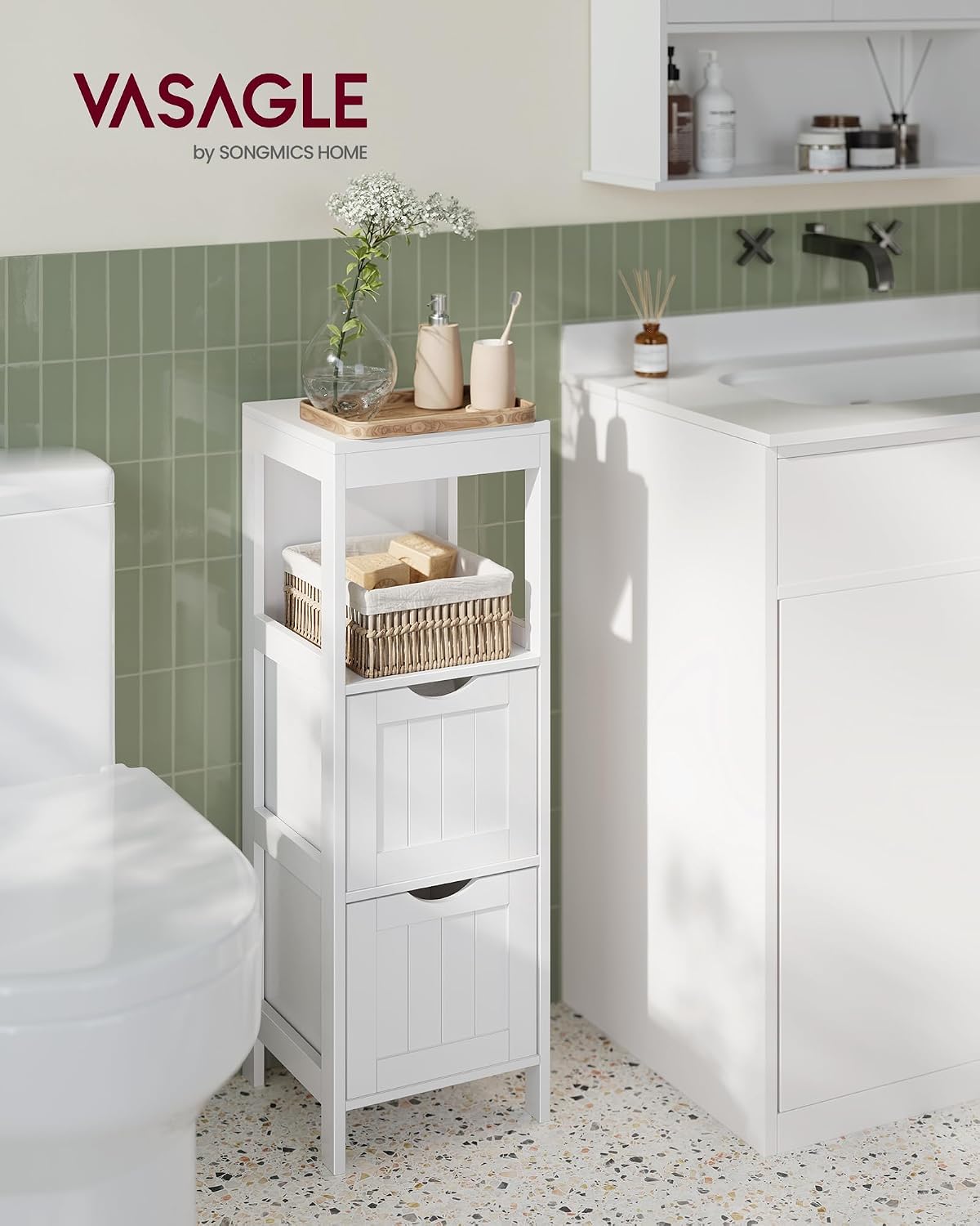 Detalle 2 de VASAGLE UBBC42WT 35-inch storage cabinet with 2 drawers