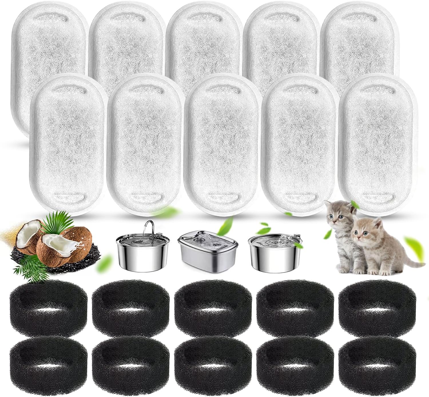 Detalle de 20er Katzenbrunnen Filter-Set aus Edelstahl-kompatiblen Filtern (10 Aktivkohle- & 10 Schaumstofffilter)