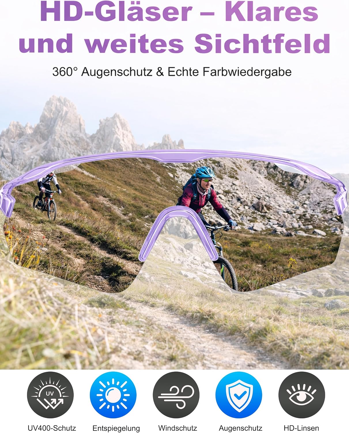 Detalle de Meayll Fahrradbrille Herren Damen – UV400 Schutz, leichter TR90 Rahmen, verstellbare Nasenpads