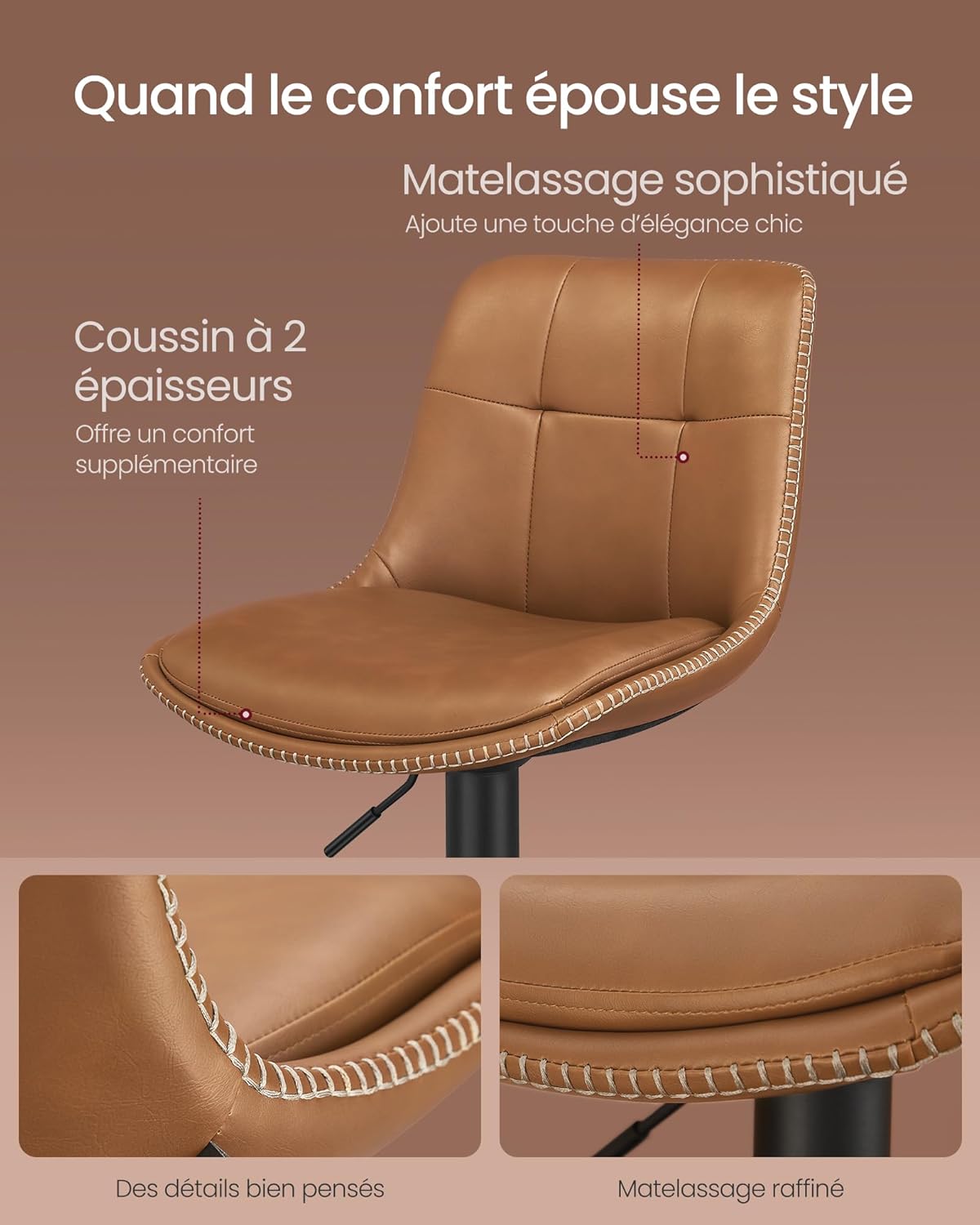 Detalle de Lot de 2 tabourets de bar VASAGLE LJB095K01, assise pivotante réglable avec dossier