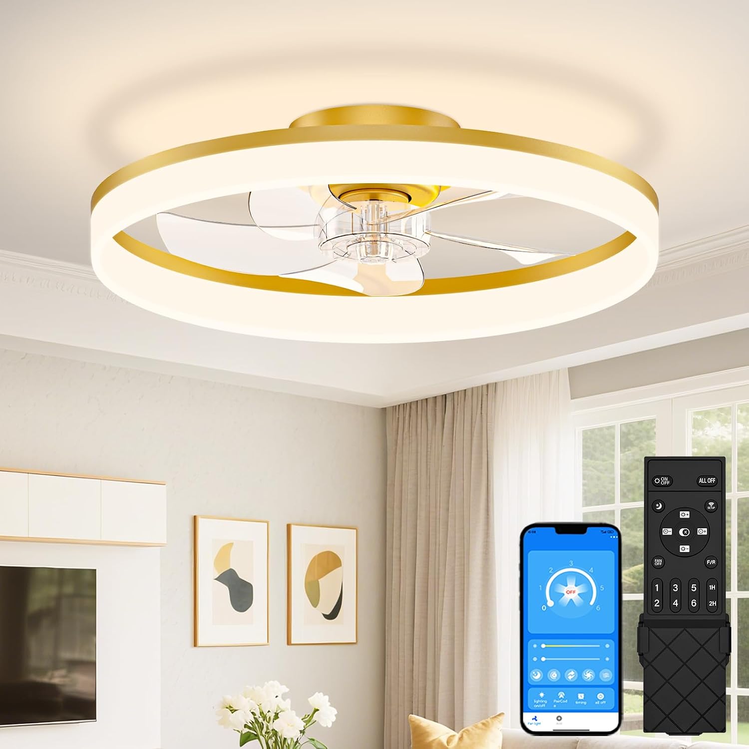 Detalle de VOLISUN 21171ZM Low-Profile Ceiling Fan with Light, Remote, and Gold Finish