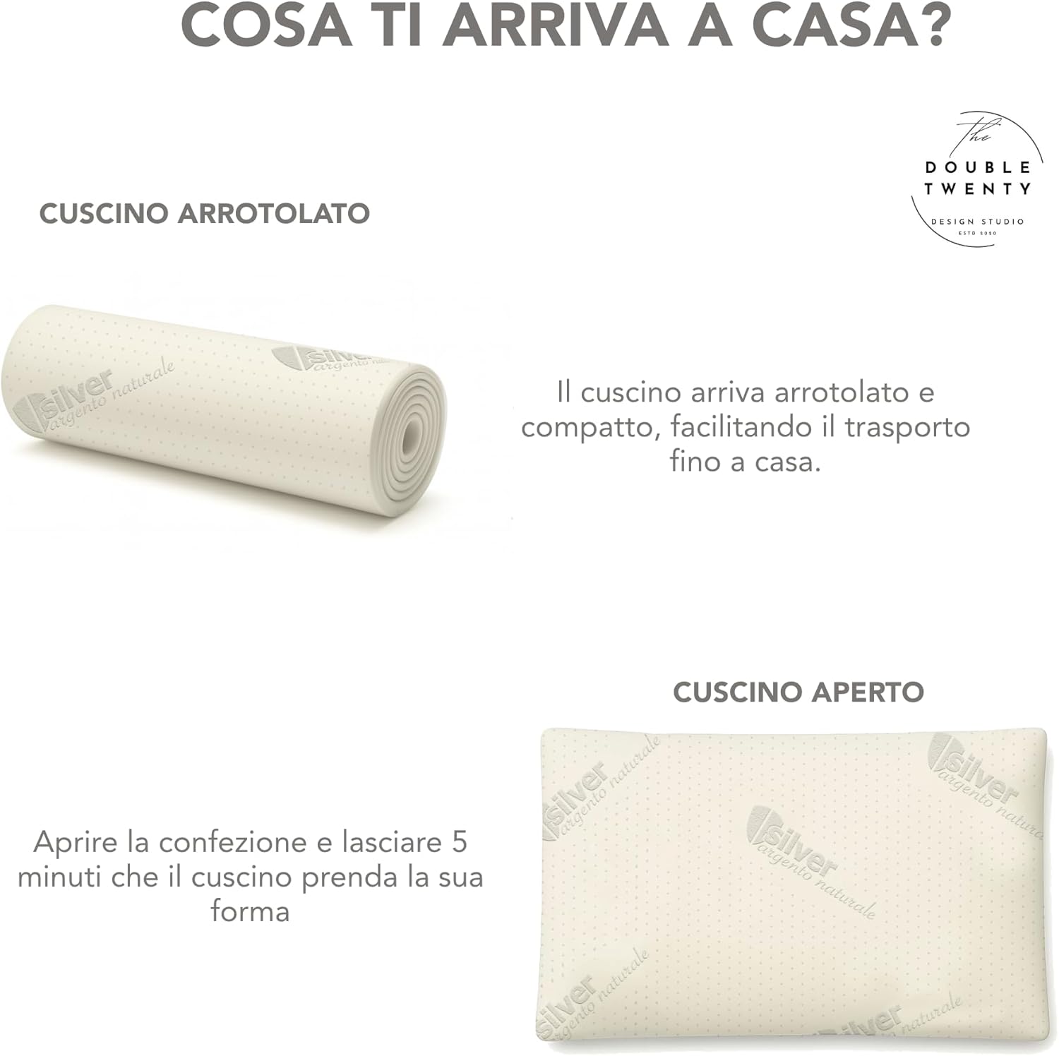 Detalle 2 de The Double Twenty Cuscino Antirussamento in Memory Foam – Sostegno Ergonomico alto 18 cm con fodera in argento naturale