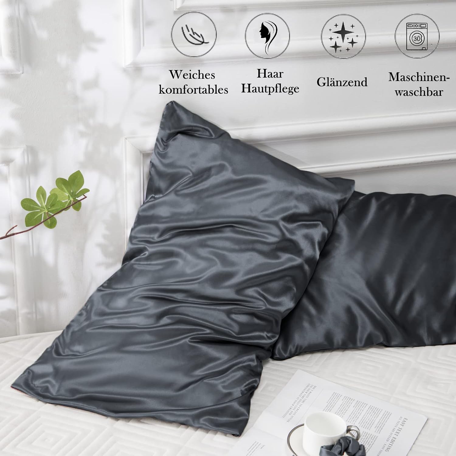Thumbnail 4 de Vielit 2er-Set Satin-Kissenbezüge 40 x 80 cm Dunkelgrau – weich wie Seide, mit Haarbändern
