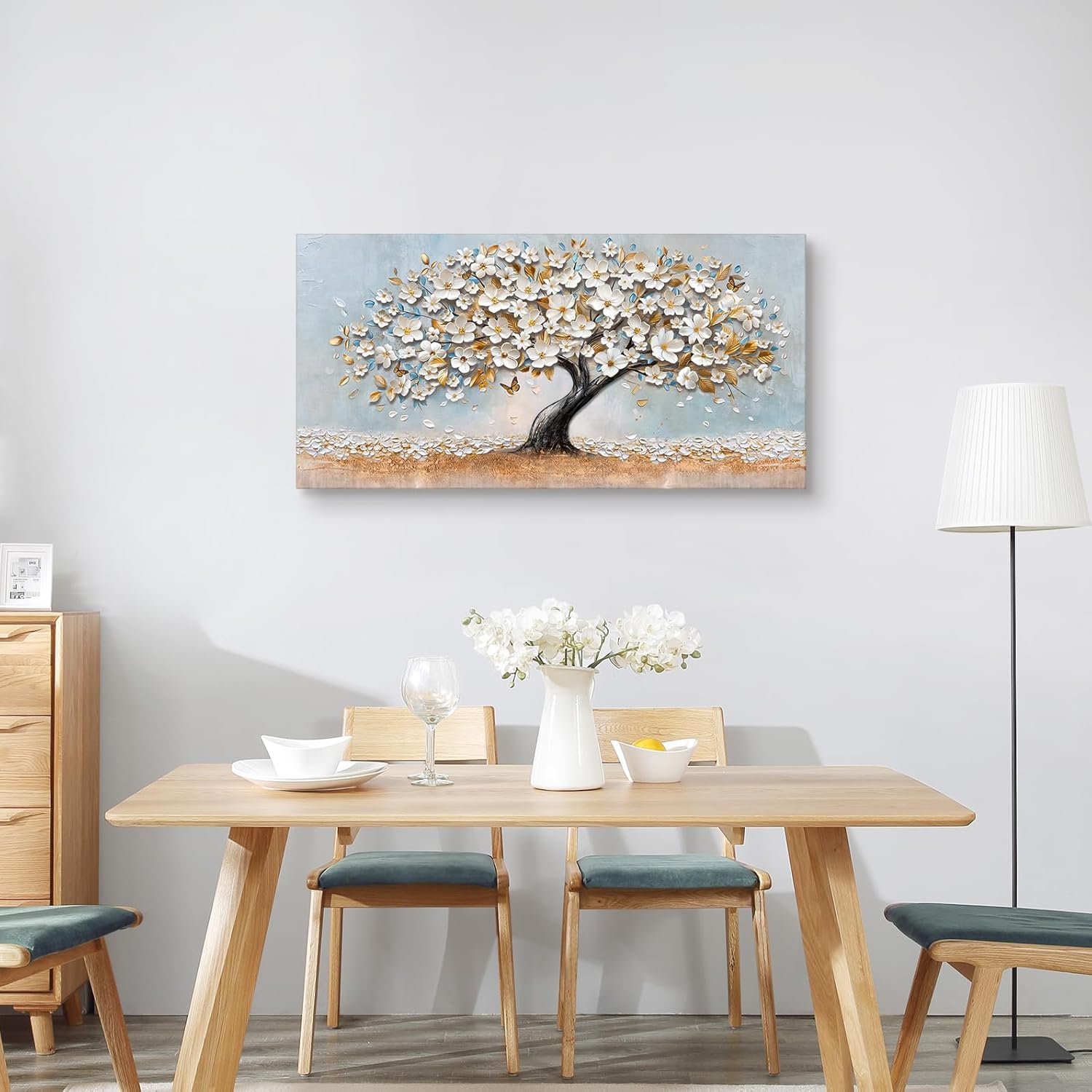 Thumbnail 3 de Großes Leinwandbild mit Rahmen „Weiß Gold Floral Blüte & Kirschbaum“, 100x50 cm – fertig zum Aufhängen