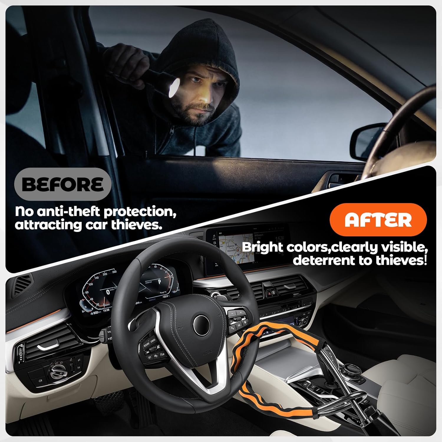 Thumbnail 2 de Dayacoco Steering Wheel Lock with Reflective Strips – Titan Lock (Orange)