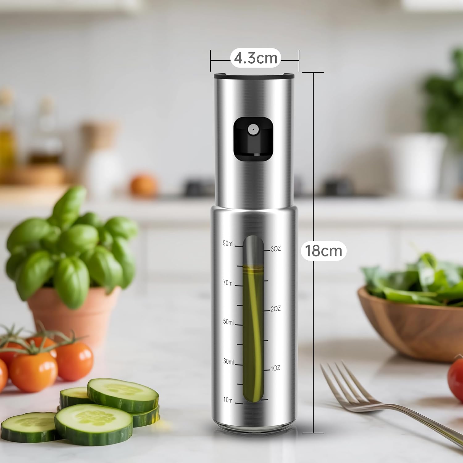Detalle 2 de KitchenBoss Spray Huile Cuisine Pulverisateur 100ml (2 pièces) – Inox et Verre, pulvérisation précise