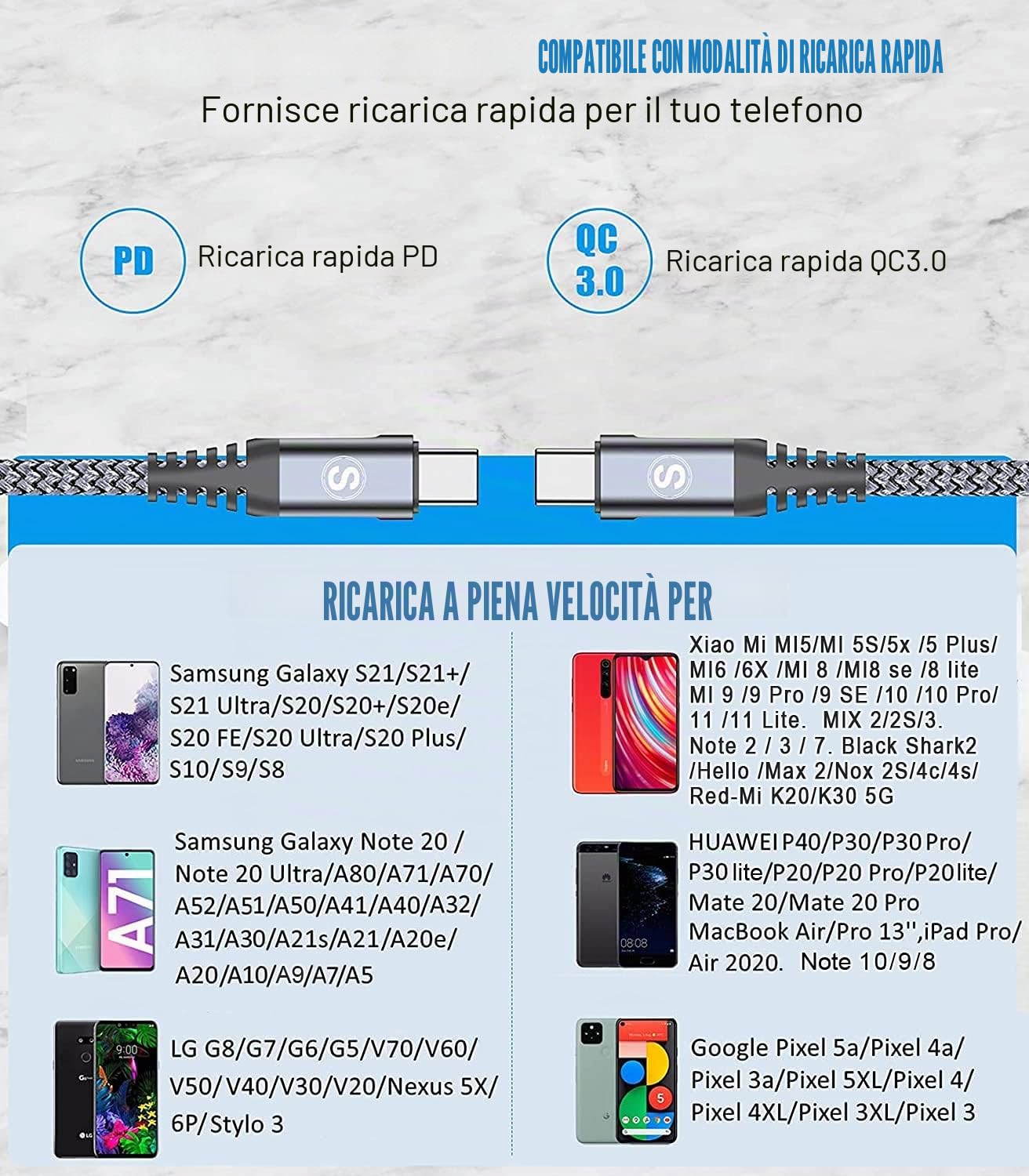 Thumbnail 6 de Cavo USB-C USB C [2 pezzi, 3 m] PD 60W – Set da 2 cavi Type-C resistenti e veloci