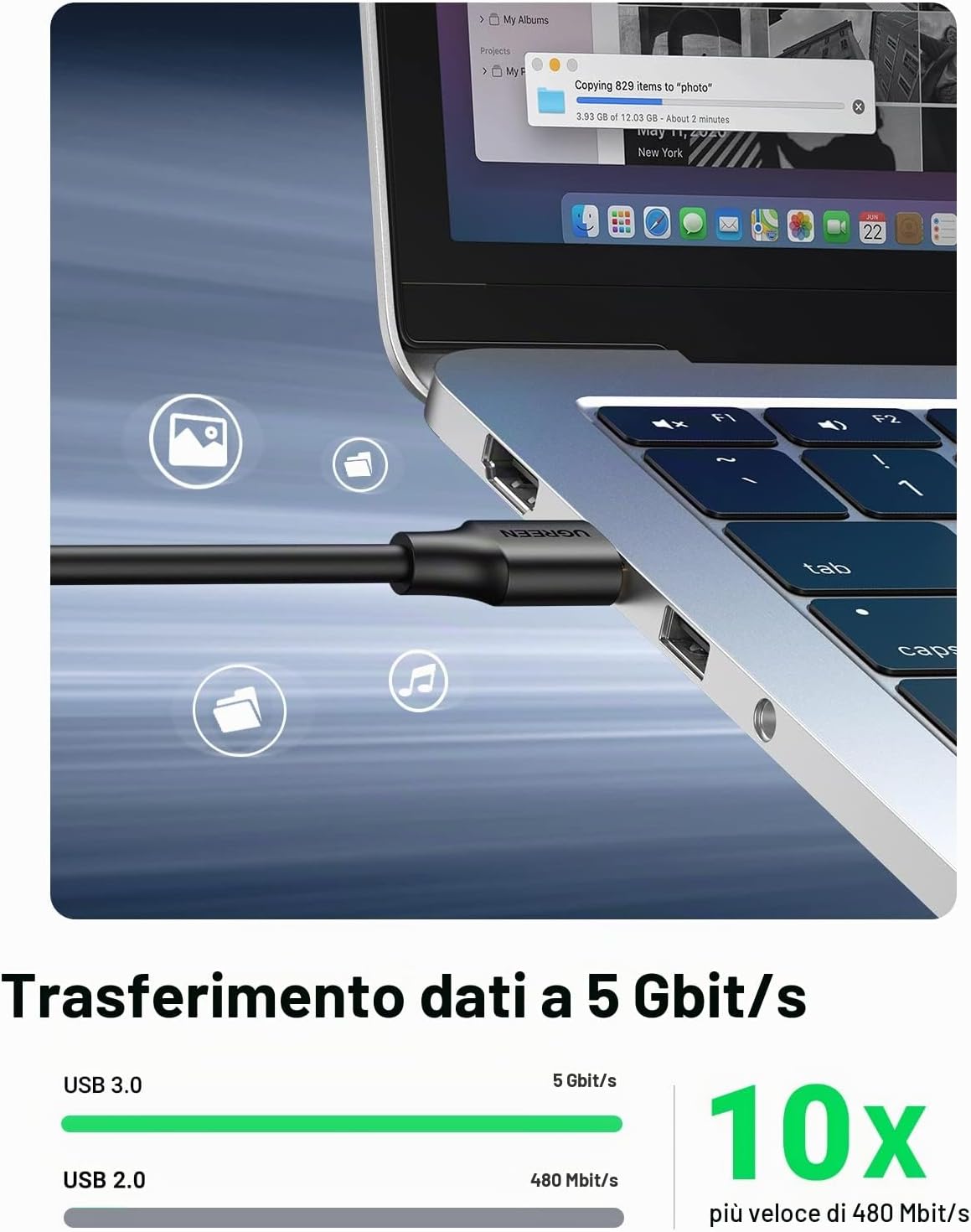 Detalle de UGREEN Cavo Prolunga USB 3.0 5M placcato oro