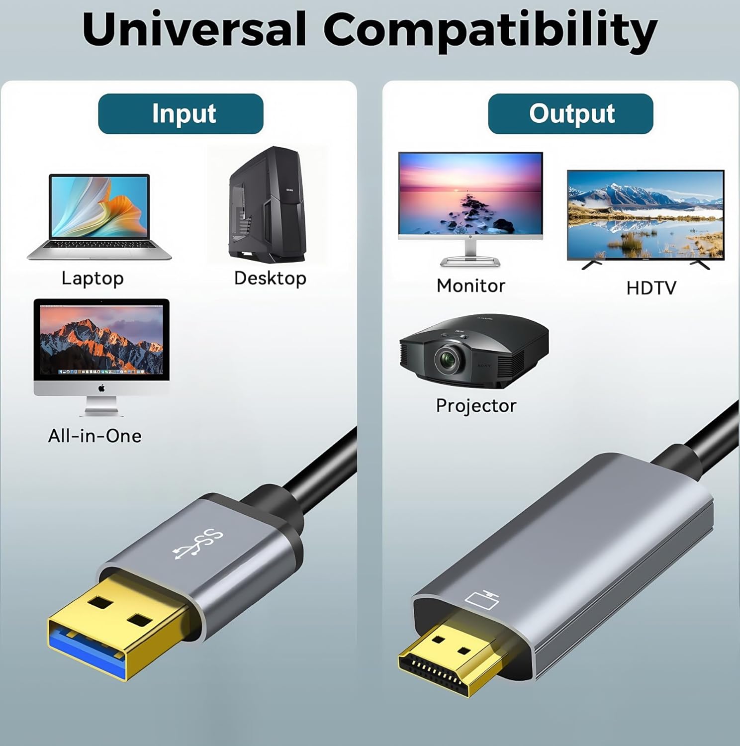 Detalle de Muchfox USB to HDMI Cable (USB A to HDMI) with Built-in Drivers, Audio Support, 2m