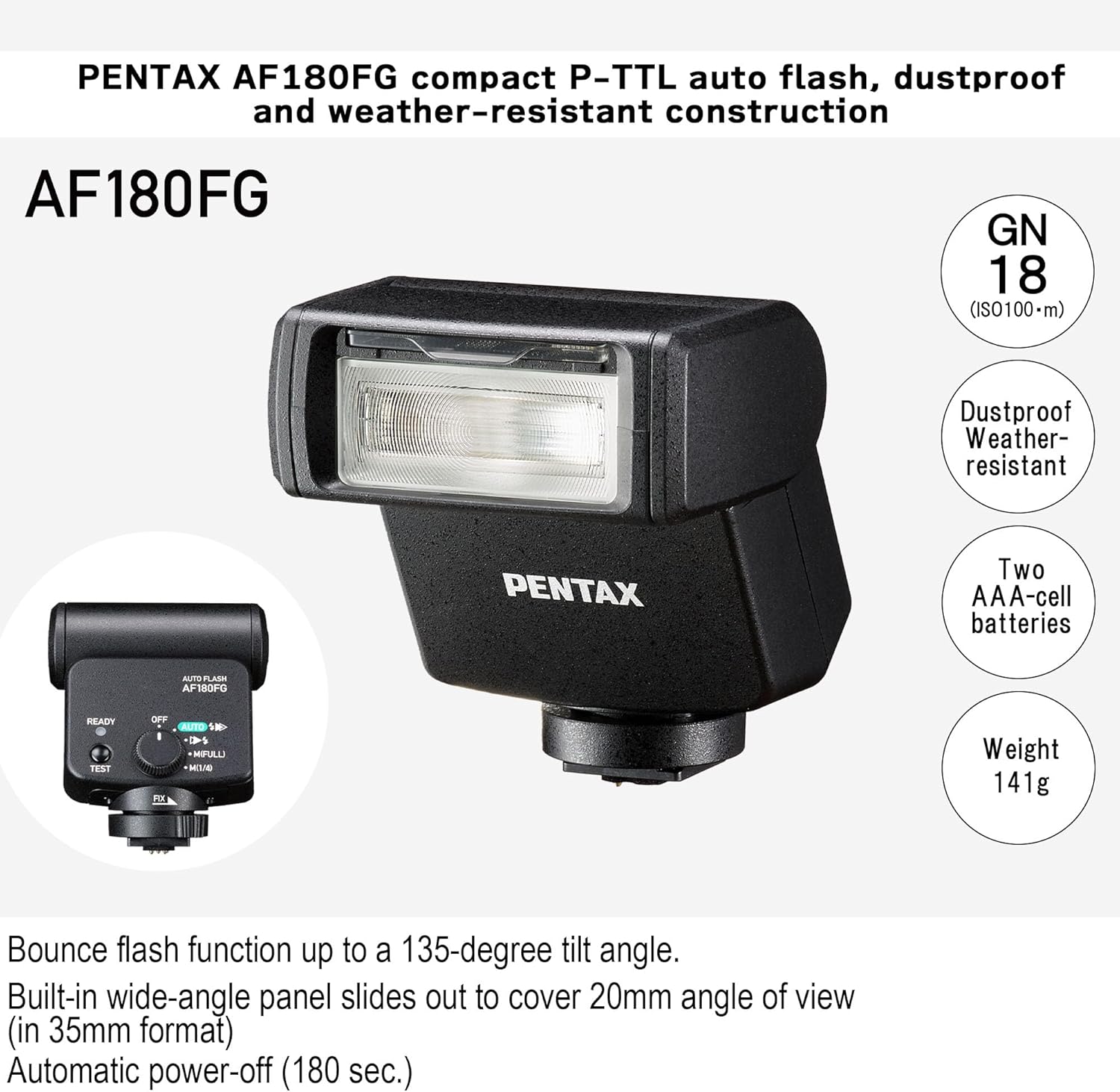 Thumbnail 1 de PENTAX AF180FG – Kompaktes Blitzgerät mit P-TTL, staub- und wetterfest