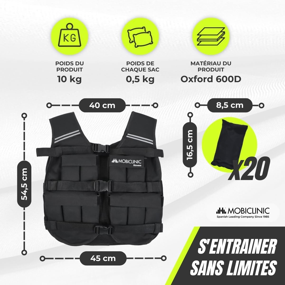 Detalle de Mobiclinic® Gilet Lesté Iron10 10/20 kg – Gilet de Poids réglable, Oxford 600D