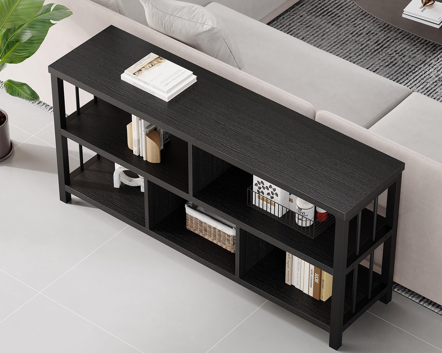 Thumbnail 6 de IBF Libreria industriale nera a 5 cubi, 139,7 cm, bassa e orizzontale in legno e metallo